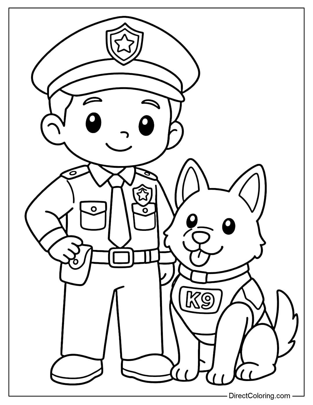 Coloring page of a police officer standing next to a cute police dog.