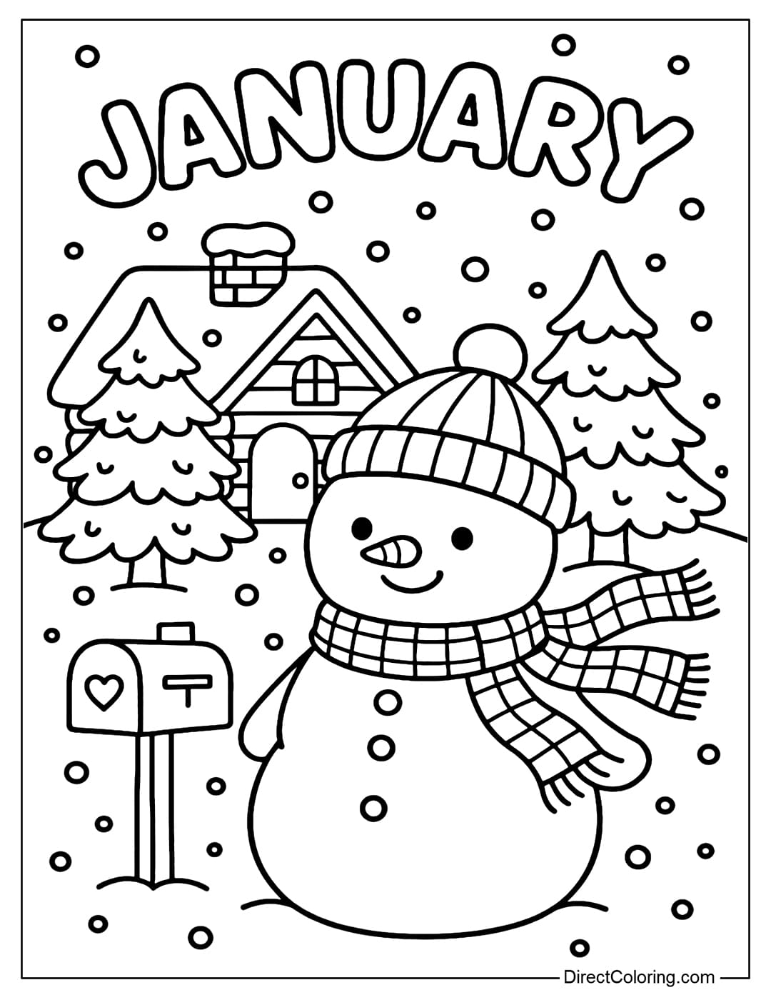 A coloring page with the word January in a round, fluffy style is on top, and a cute snowman is standing in front of a small wooden house below.