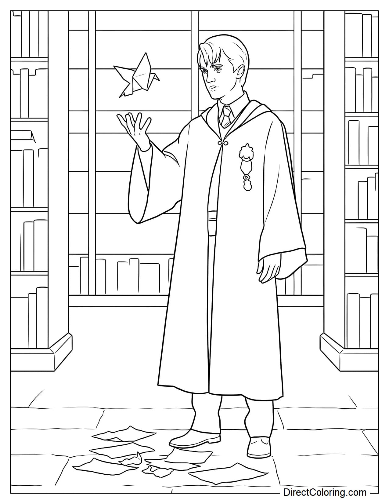 Draco Malfoy is wearing his Hogwarts student robes, standing slightly turned as he reaches one hand toward a small paper bird flying in front of him, with a few simple pieces of paper on the floor.