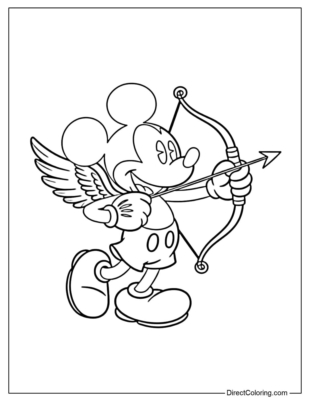 A coloring page of Mickey Mouse dressed as Cupid shooting arrows of love.