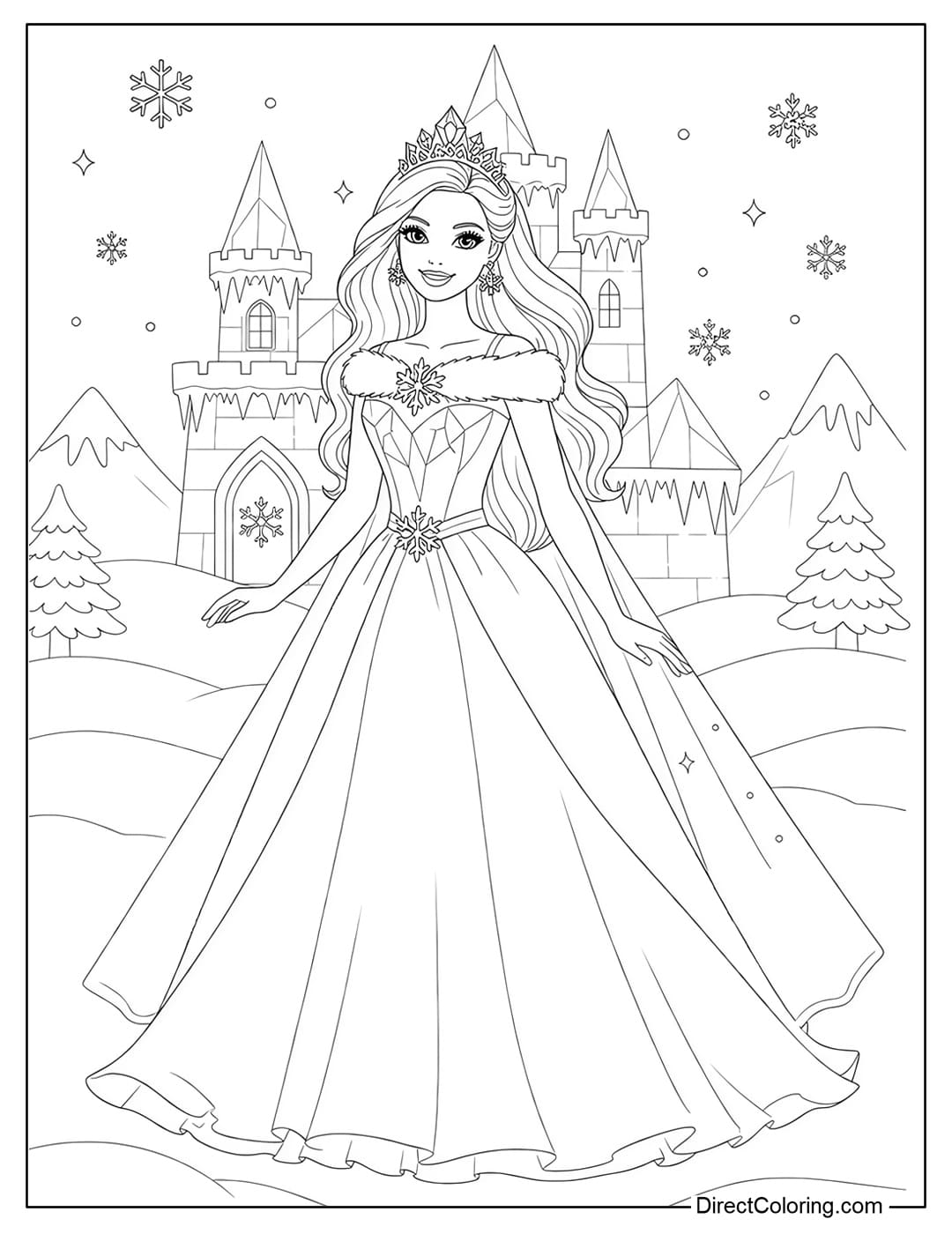 A coloring page of Barbie ice princess in a snow castle.