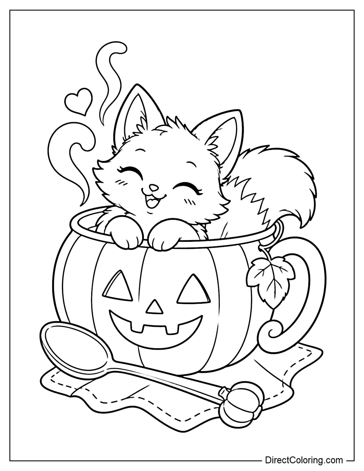 A fluffy little fox sits snugly inside a large pumpkin-shaped Halloween mug, with its front paws resting on the rim and its big tail spilling gently over the edge. A large spoon rests beside the mug.