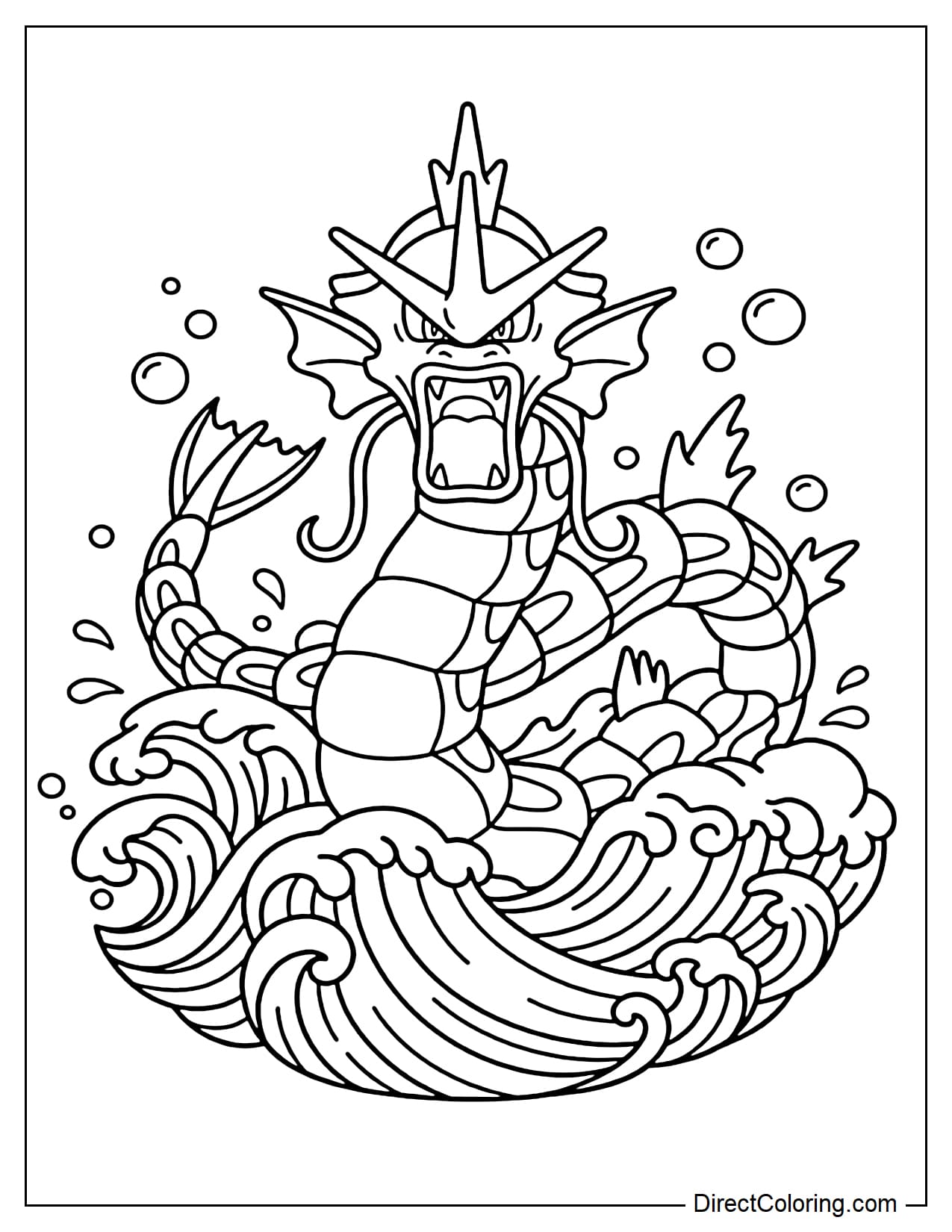 Gyarados is raising its long body above the large waves, its head facing forward, with bubbles and wave patterns below.