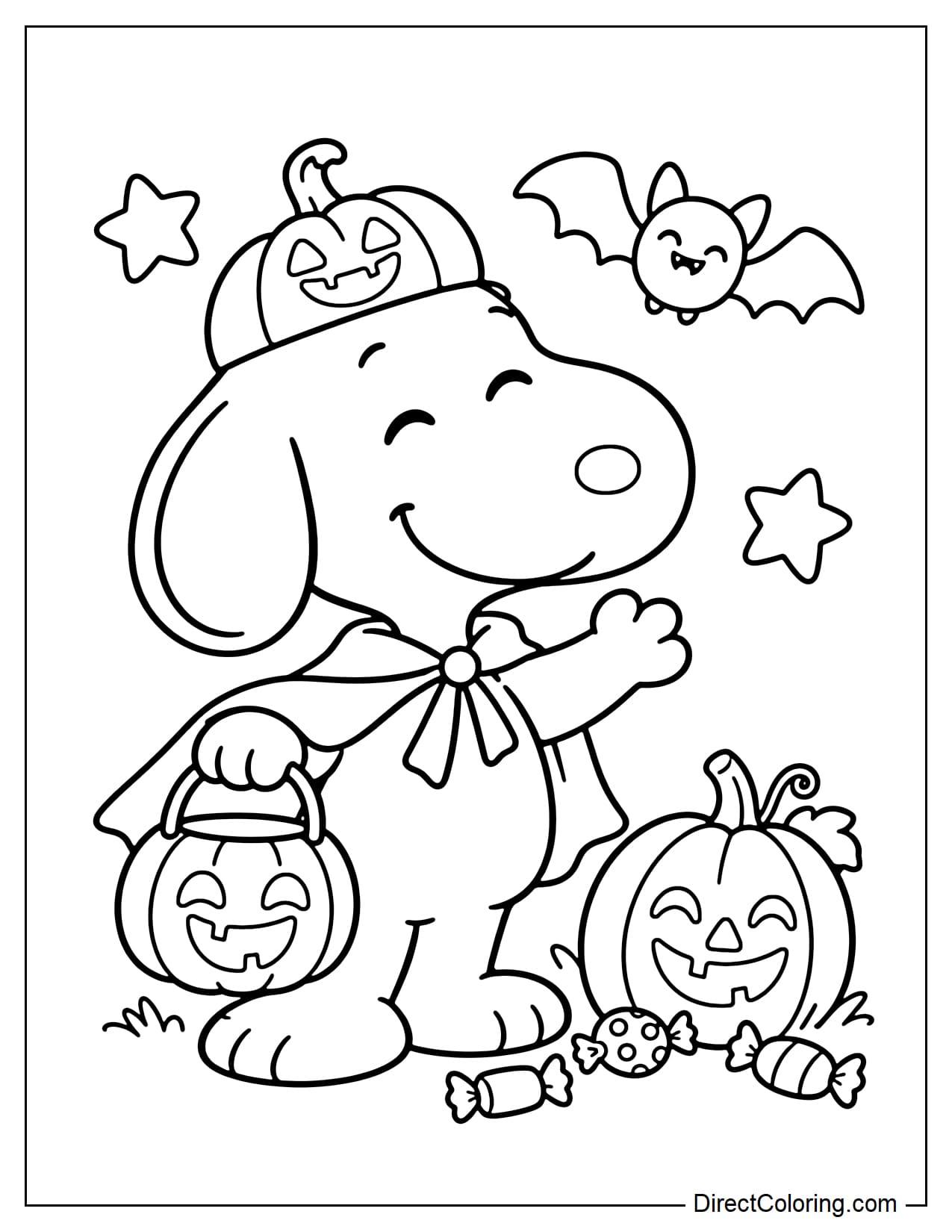 Snoopy dresses up for Halloween, wearing a small pumpkin hat and a short cape while holding a pumpkin-shaped candy bucket. Beside him are a Halloween pumpkin and a few pieces of candy, with a little bat and stars above.