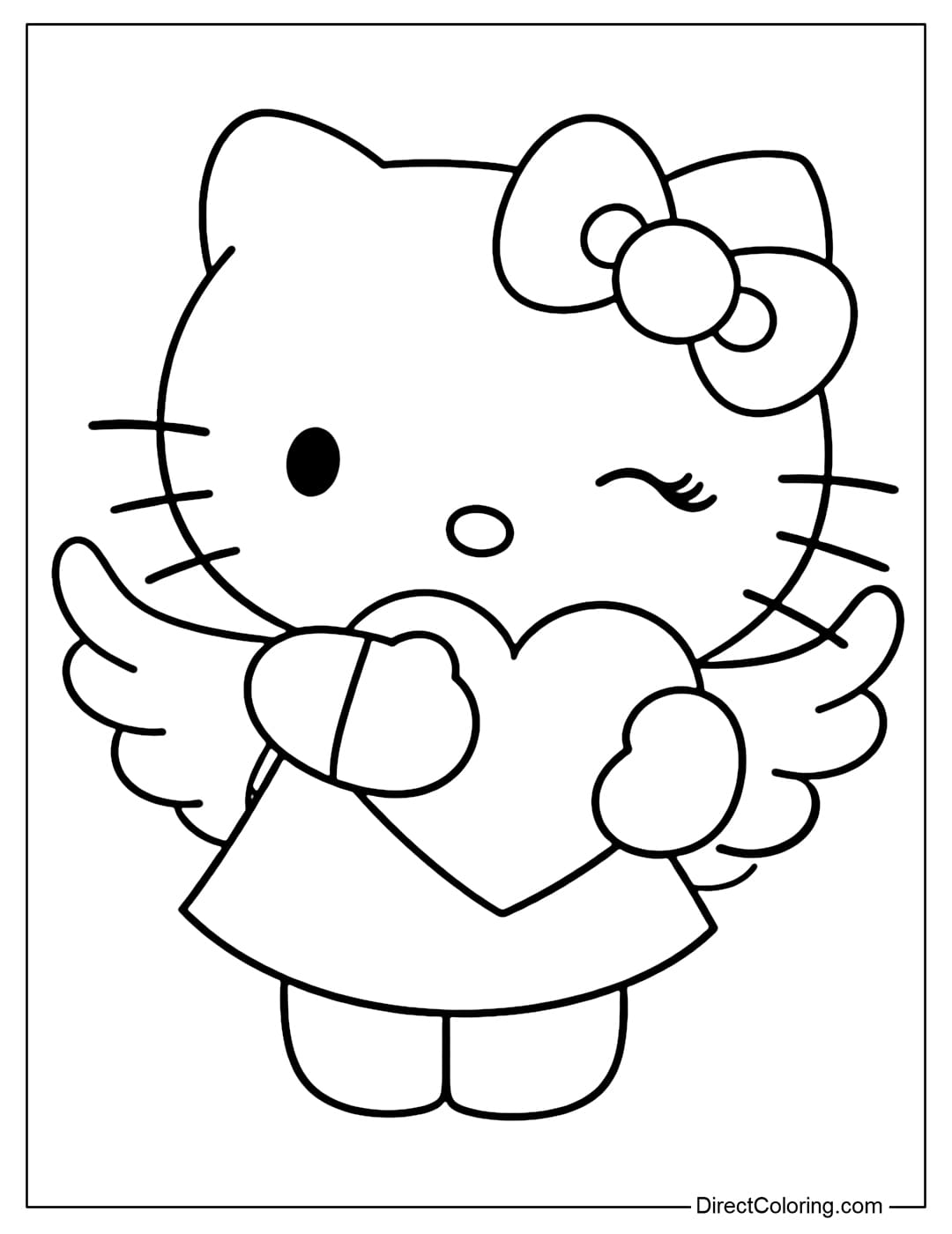 A coloring page featuring Hello Kitty holding a heart in her arms, with small angel wings behind her, and an adorable winking expression.