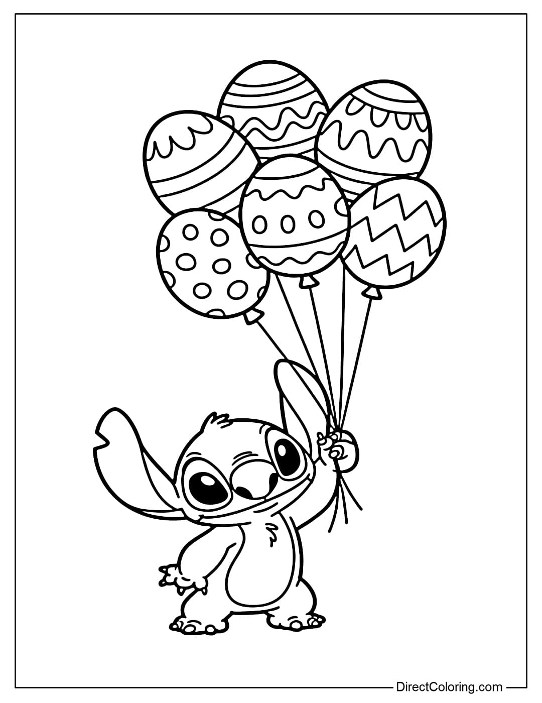 Stitch is holding Easter egg-shaped balloons, simple and easy to color.
