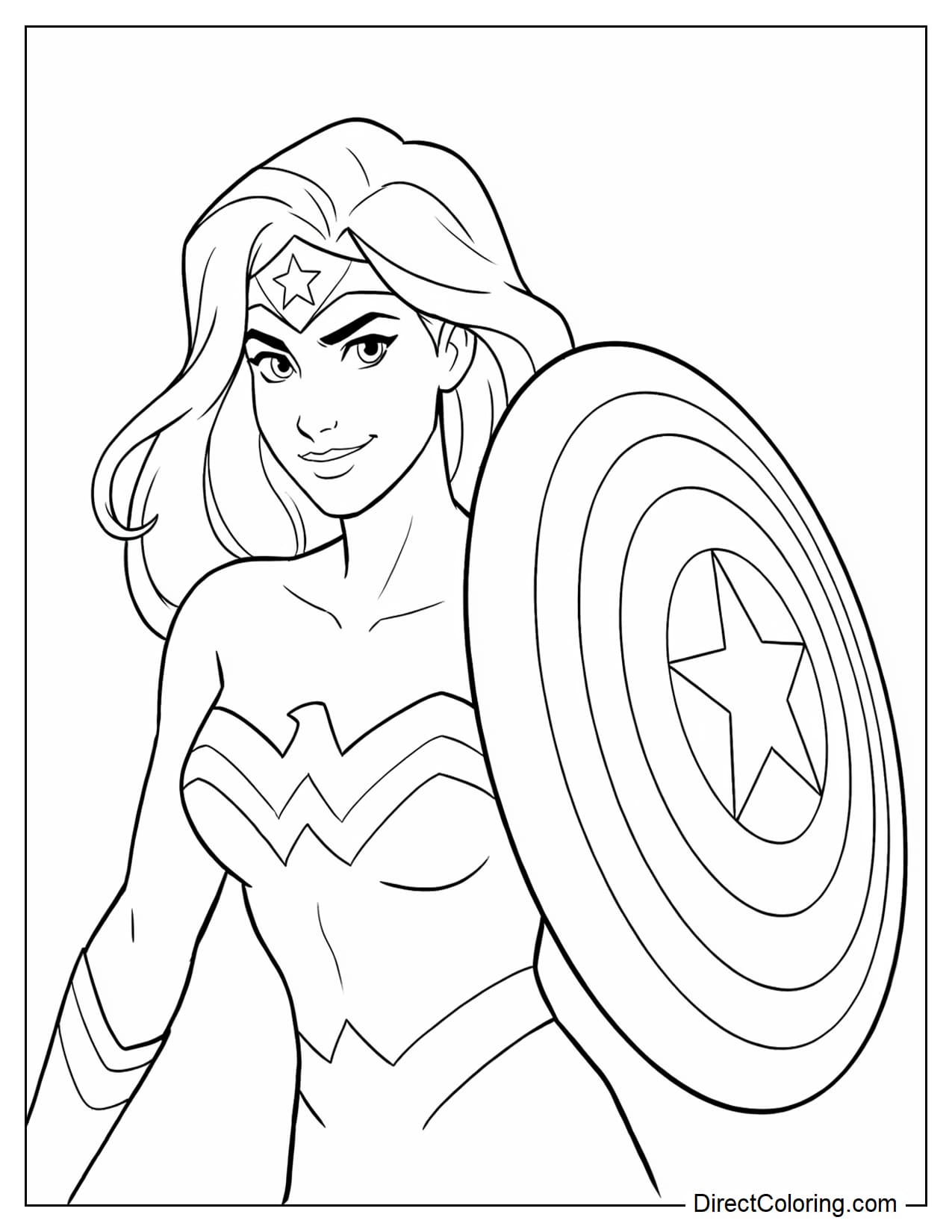 Wonder Woman faces forward with a confident expression, holding a large round shield tilted upright beside her shoulder with one hand.