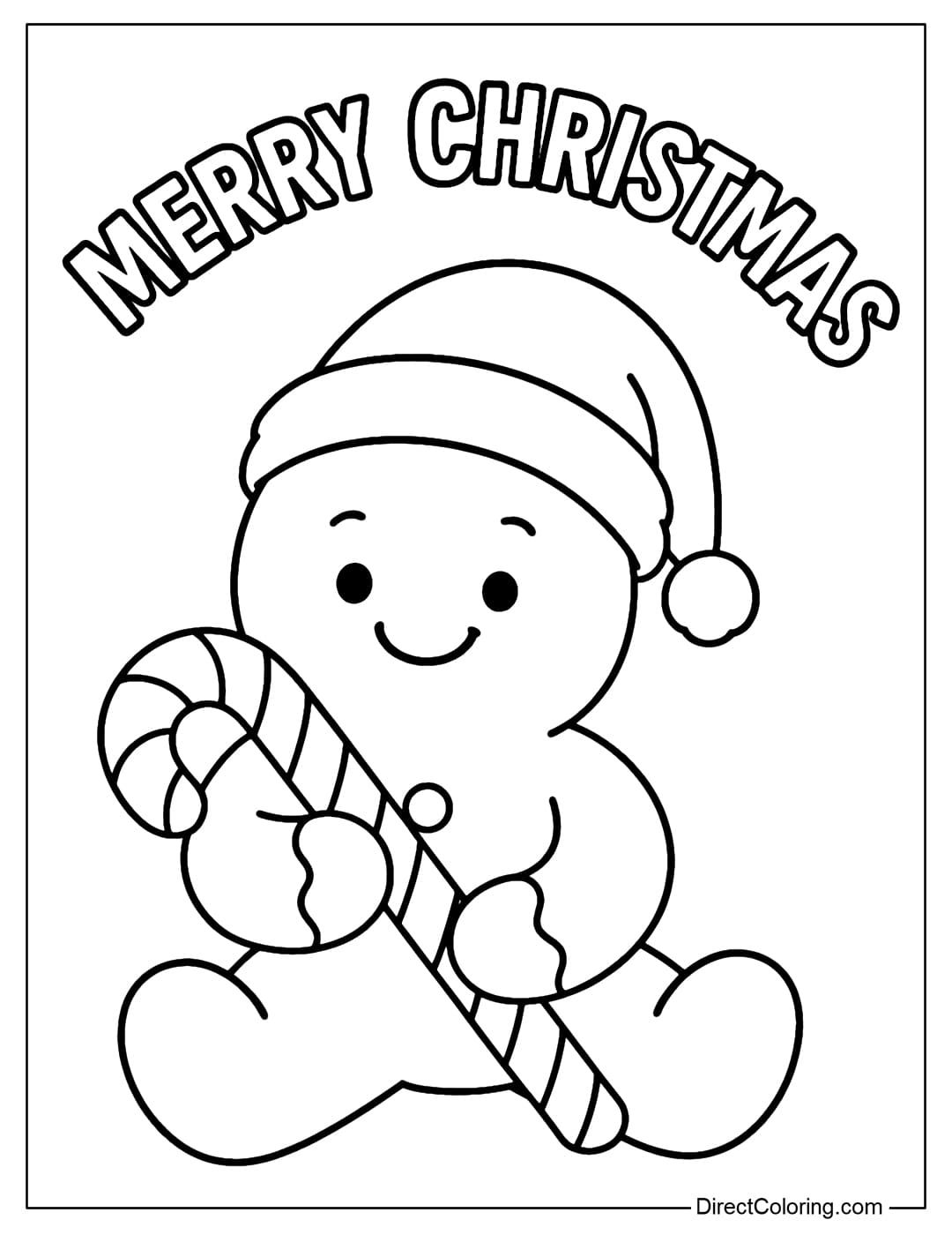 Coloring page of gingerbread man sitting smiling, wearing Santa hat, holding a large striped candy cane, with the word Merry Christmas on it.