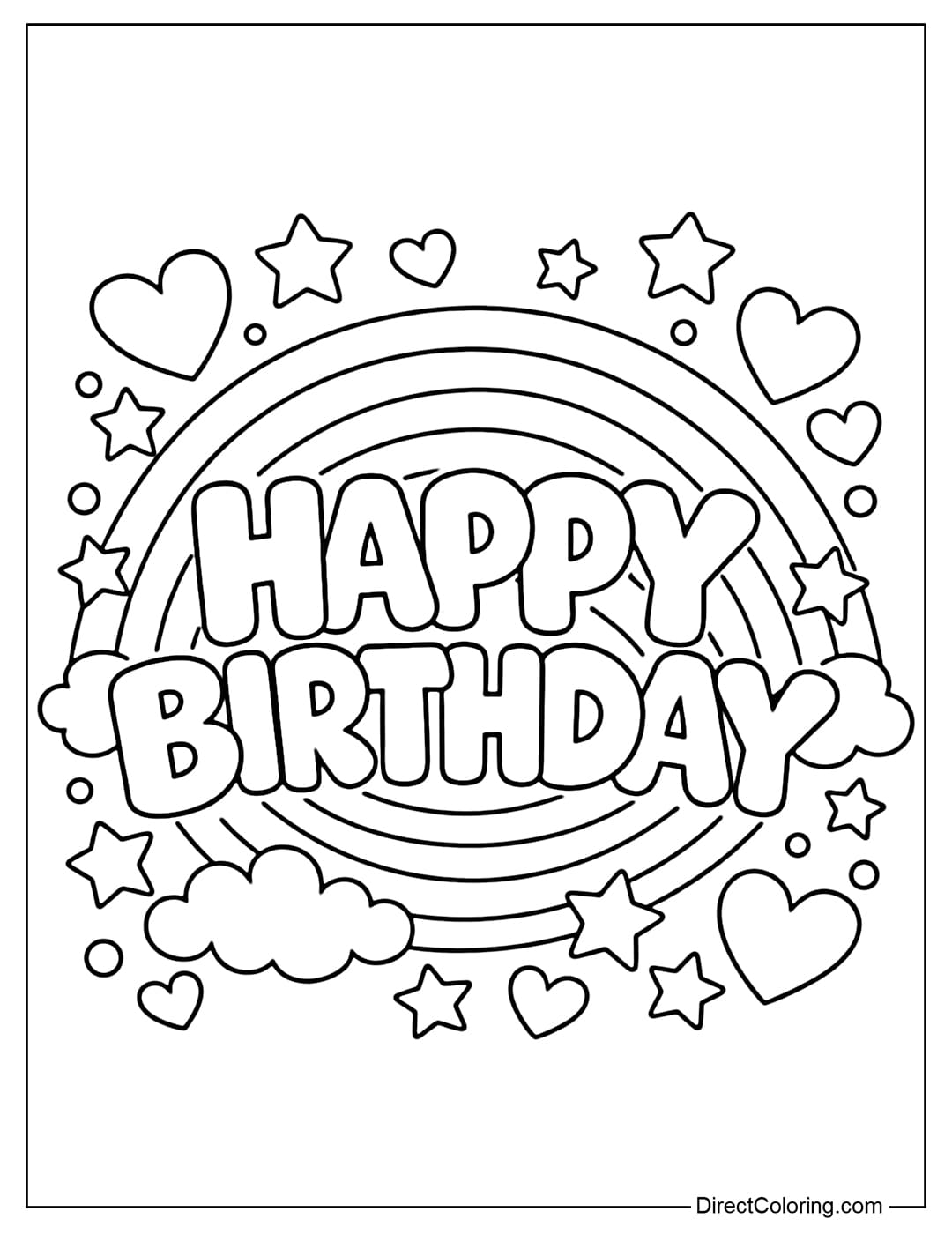 Coloring page with the words HAPPY BIRTHDAY, a rainbow behind, along with hearts and stars.