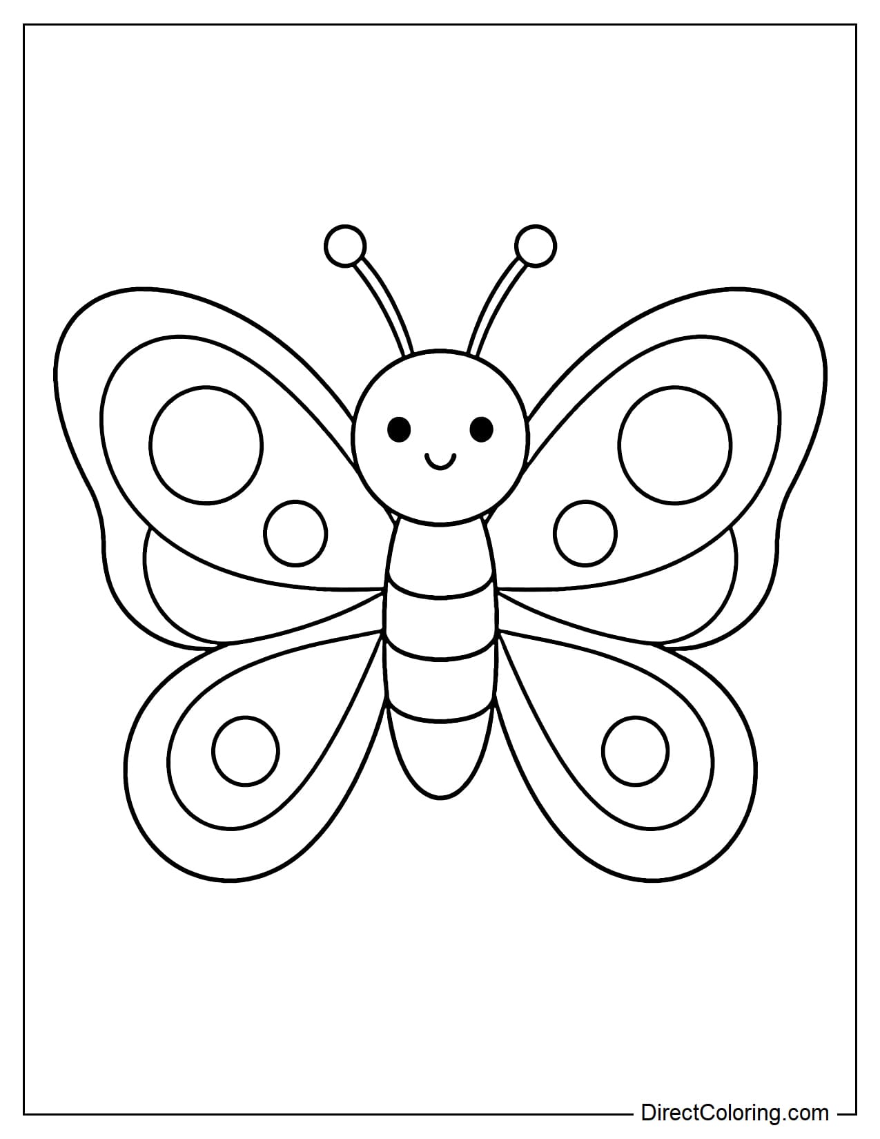 A cartoon butterfly with a round face and an adorable smile, its wings decorated with circles.