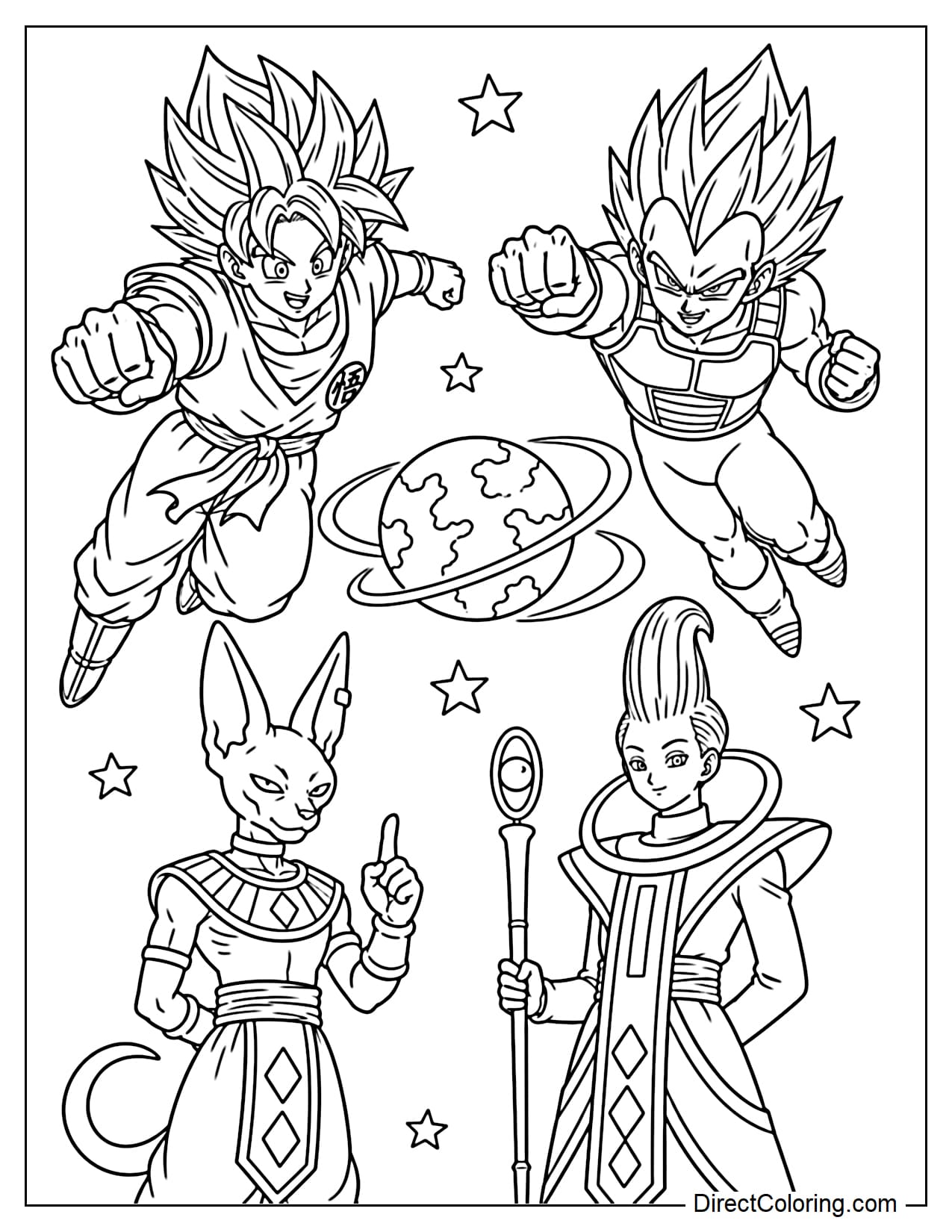 Dragon Ball Super with Super Saiyan Blue Goku and Super Saiyan Blue Vegeta flying diagonally from either side. Beerus has a long cat-like head, Whis has spiky hair, and they are holding a long staff with a small planet in the middle, complete with stars and an energy ring.