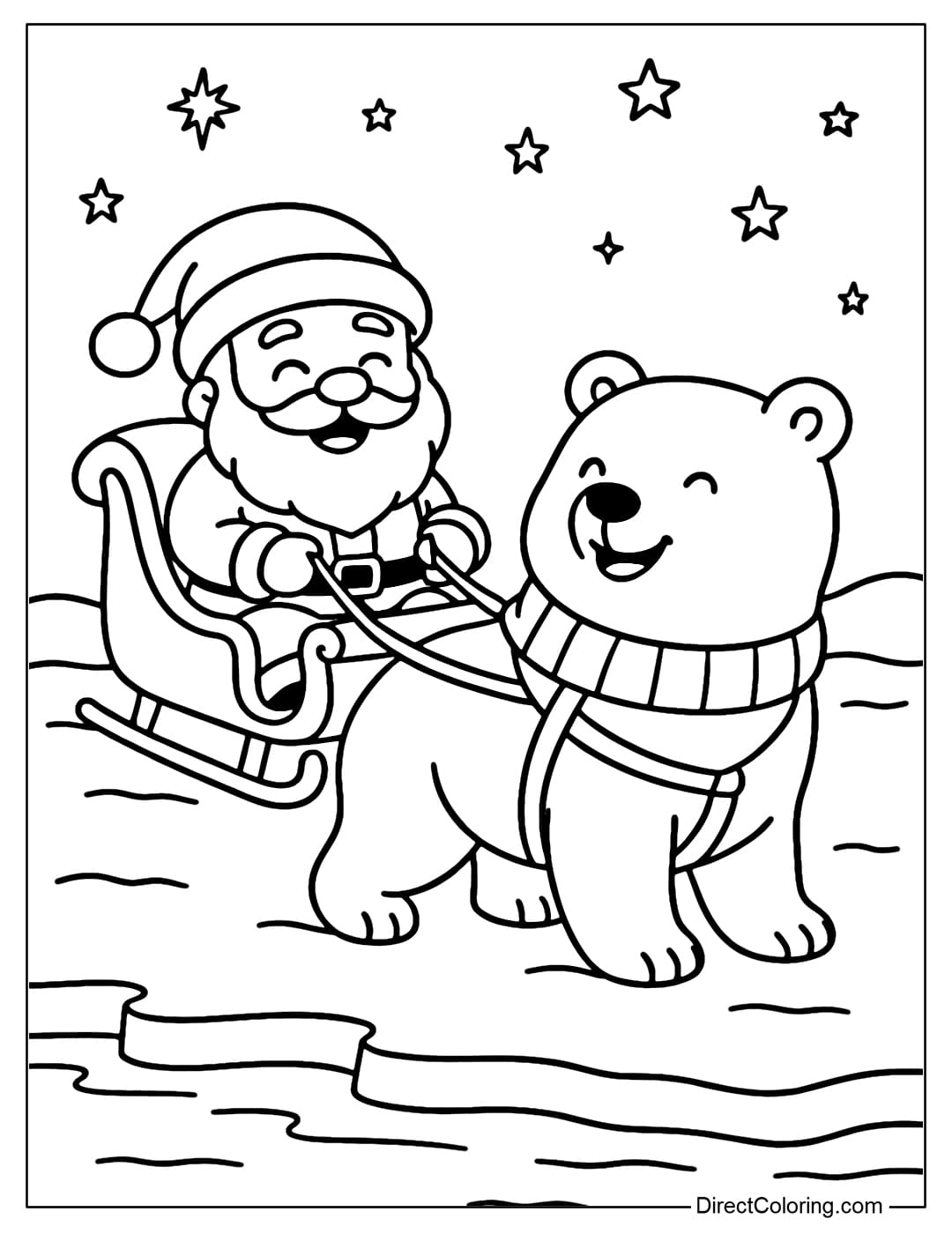 Coloring page of a friendly Santa Claus and a polar bear pulling a sleigh through the snow.