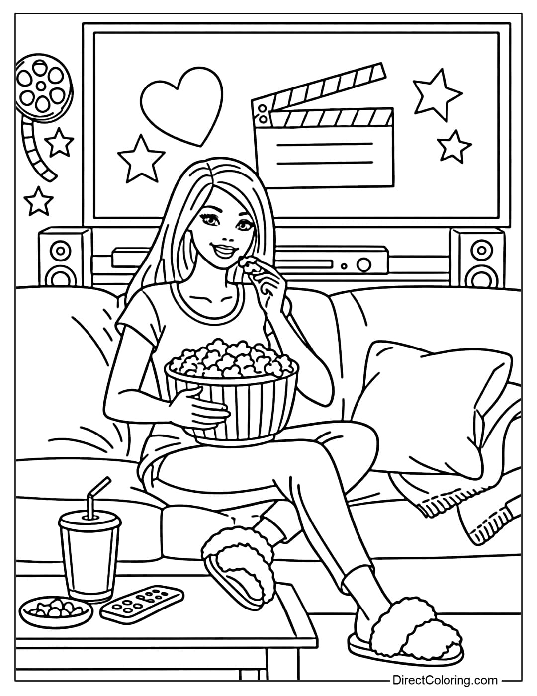 A coloring page of Barbie watching a movie at home with popcorn and a big screen.