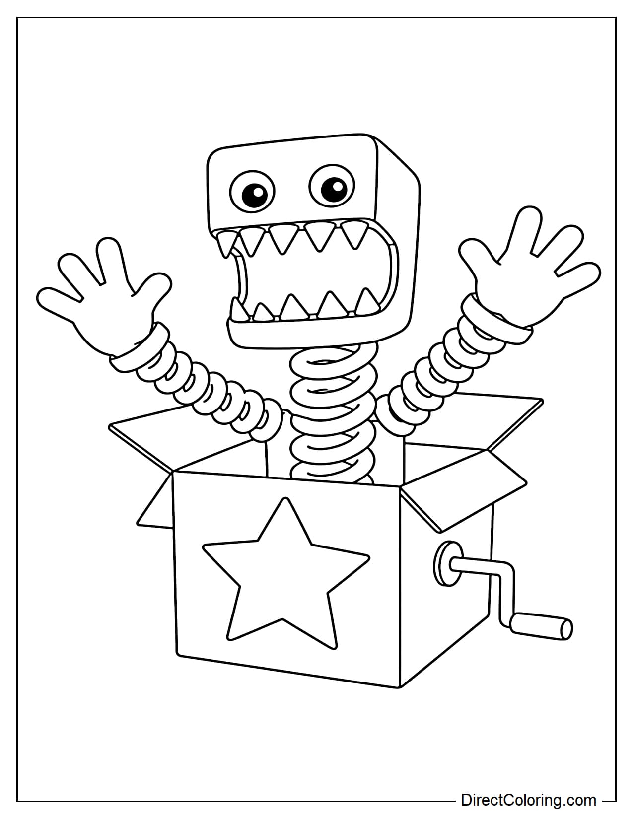 Boxy Boo from Poppy Playtime pops out from inside a box, its upper body protruding with its arms outstretched.