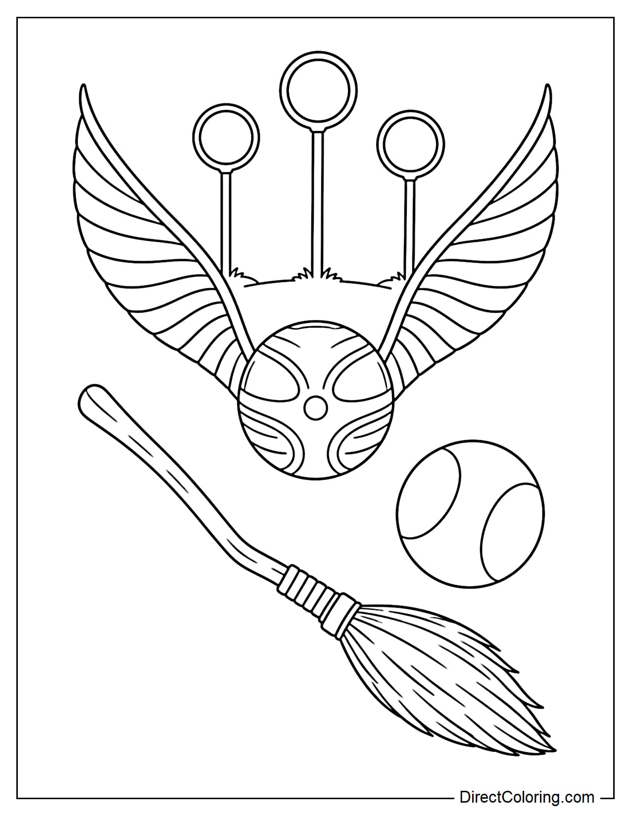 A large Golden Snitch is shown with its wings spread wide, surrounded by a broomstick, a Quaffle, and three simple Quidditch goal hoops.
