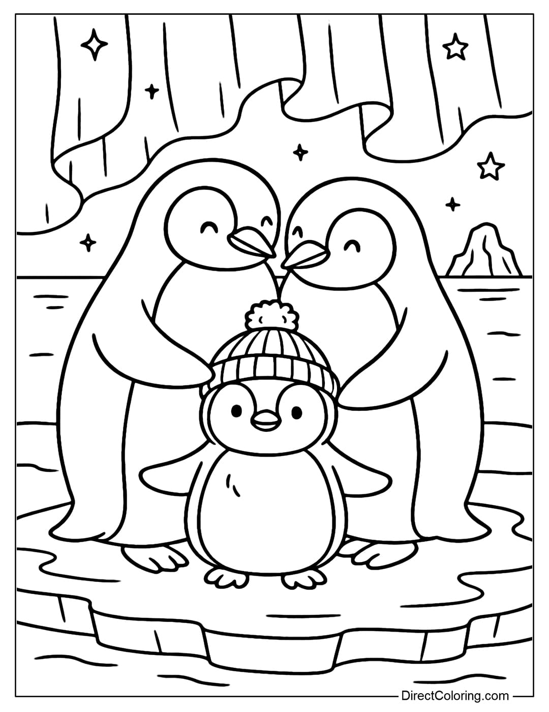 A cute penguin family coloring page standing on the ice, the little one wearing a woolen hat, the parents spreading their wings and hugging each other.