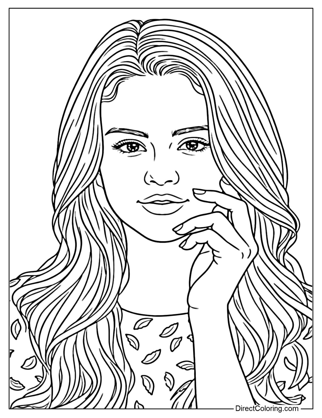 Selena Gomez coloring page featuring a gentle smile and long, soft hair, exuding an elegant and gentle style.