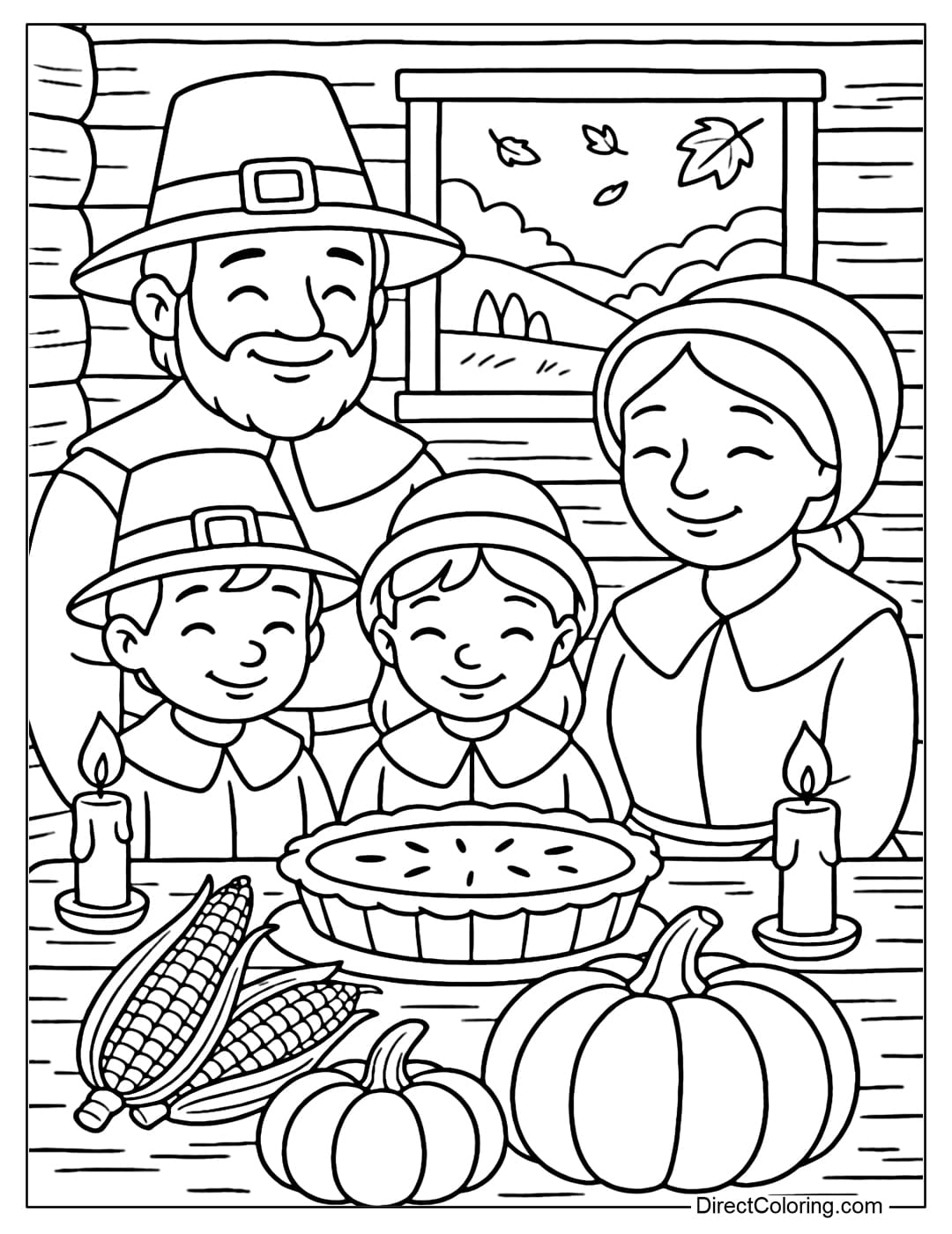 A coloring page of a Pilgrim family gathered around a wooden dining table, surrounded by pumpkin pie, corn, and candles.