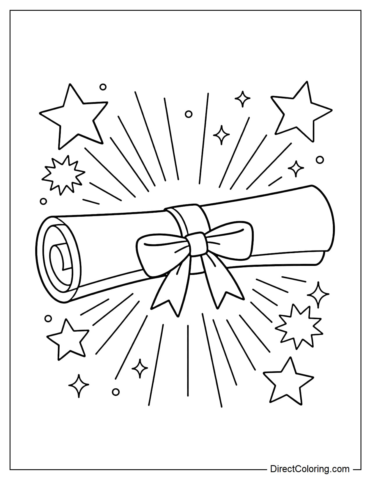 A large diploma scroll with simple stars and sparks around it.
