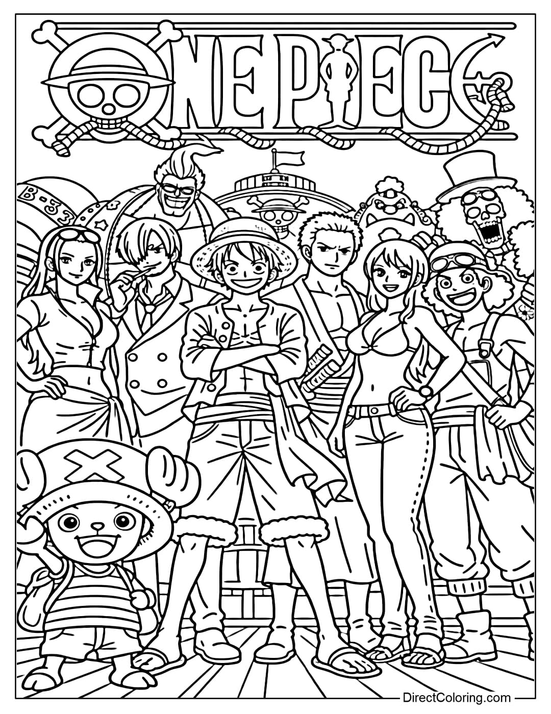 The Straw Hat Pirates members are standing together on the ship's deck. At the top is a large 