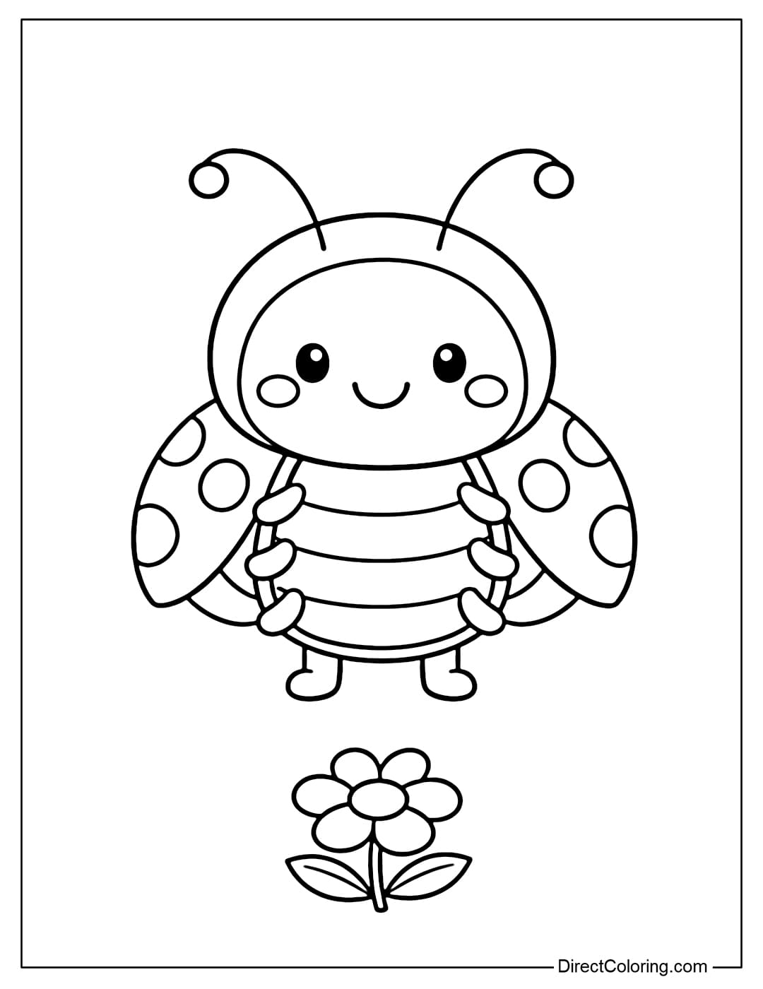 An adorable ladybug coloring page showing a standing ladybug with slightly curved antennae and small legs around its body, and a simple flower underneath.