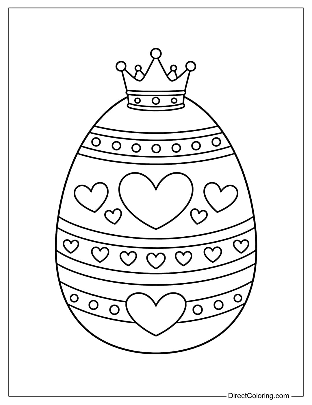 A coloring page of an Easter egg wearing a small crown, decorated with hearts and horizontal stripes.