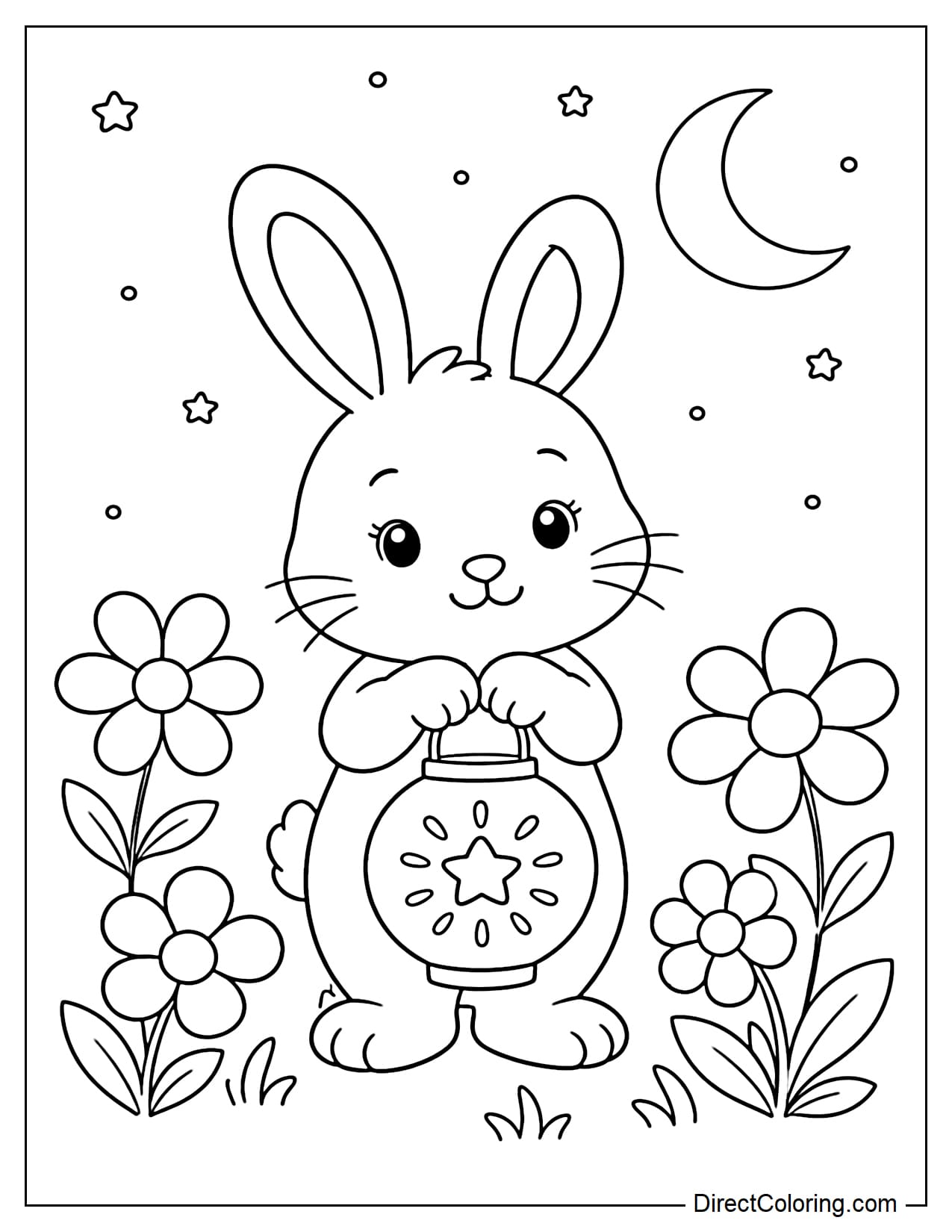 A rabbit stands among a few large flowers, holding a small glowing round lantern with both paws. A few tiny stars and a slim crescent moon appear above.