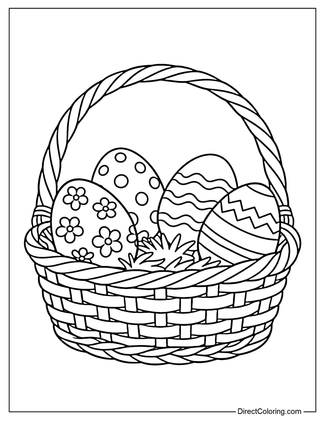 A coloring page of a simple wicker basket containing four Easter eggs with different patterns such as flowers, polka dots, and wavy lines.