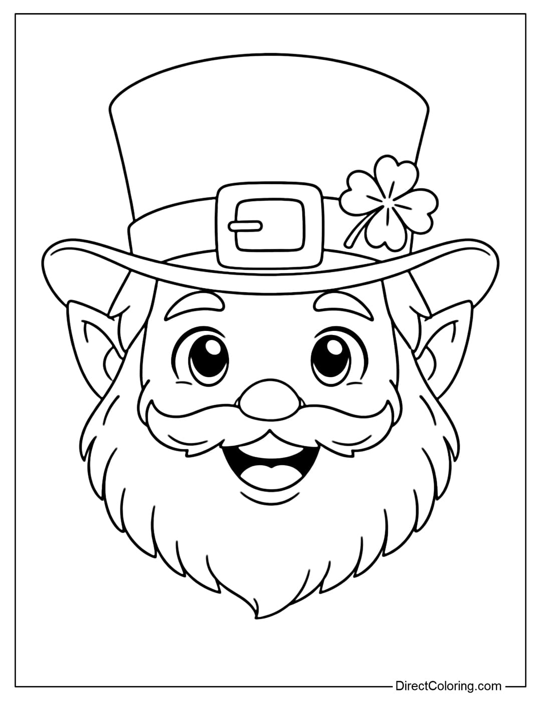 A coloring page of a cute Leprechaun face with its characteristic beard and green hat.