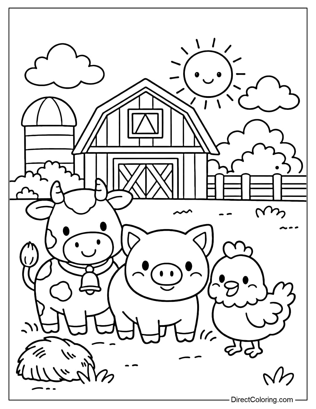 Coloring page for a barn with a few animals standing nearby.