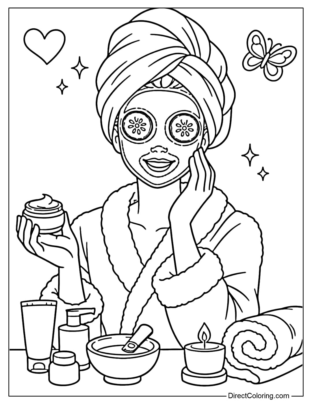 A coloring page of Barbie relaxing with a towel, applying a face mask, and doing her skincare at home.