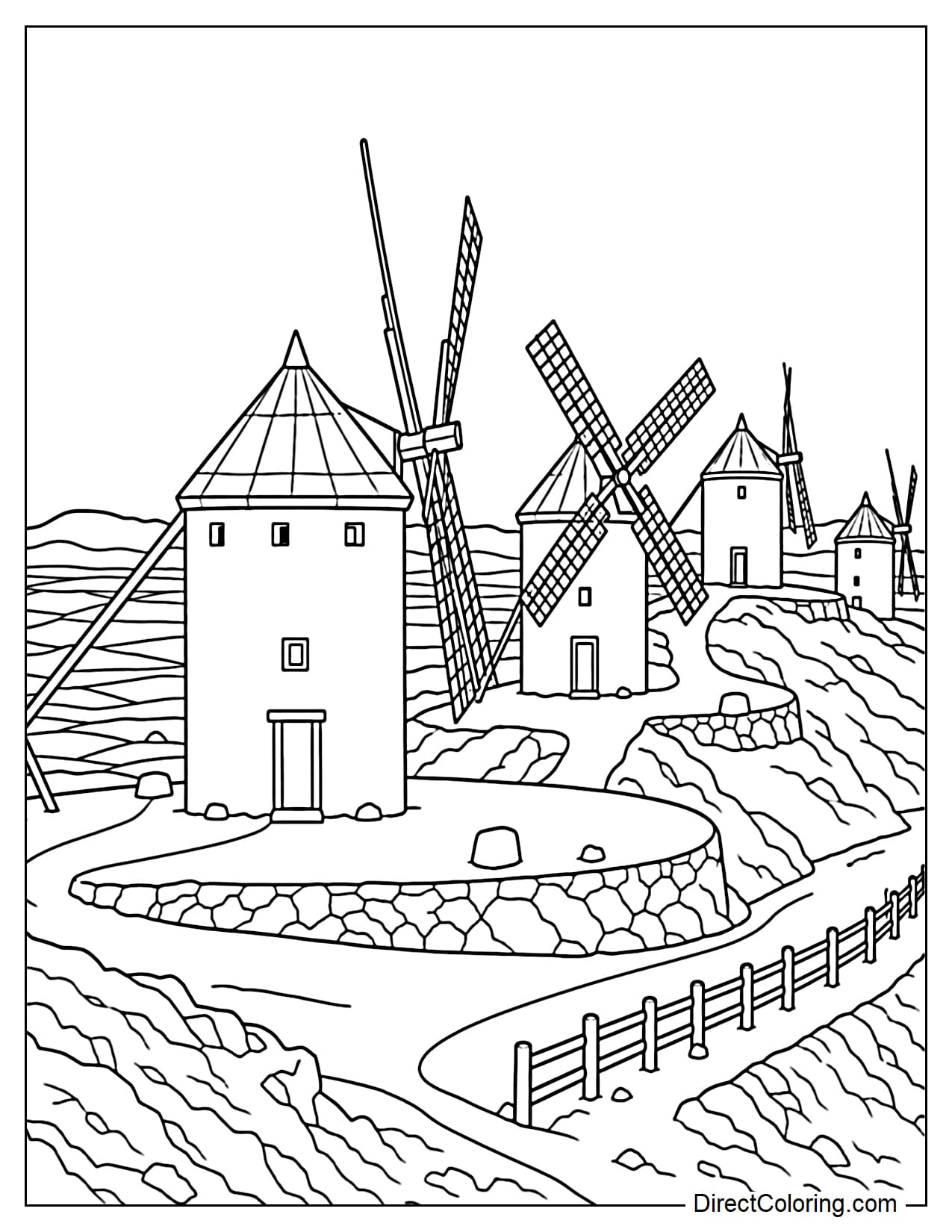 The famous windmills of La Mancha perched on a hill, alongside a small road and simple scenery.