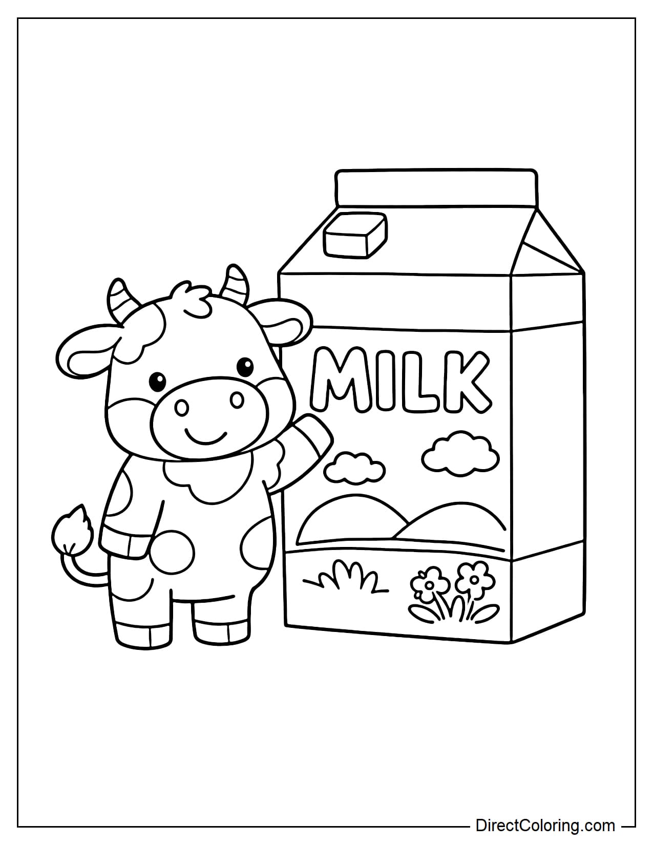 A cow is standing next to a large milk box.
