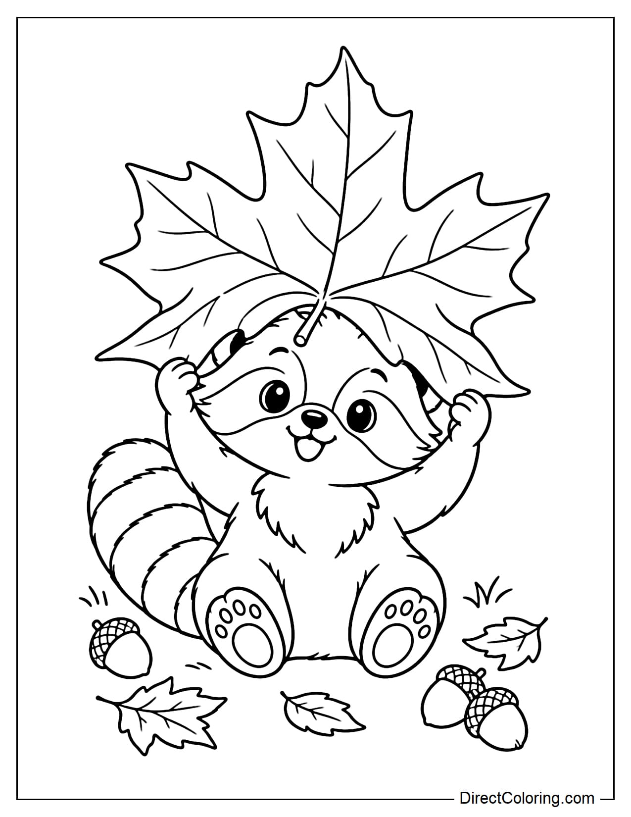 A cute little raccoon sitting with a giant autumn maple leaf on its head like a wide hat, surrounded by a few acorns and small fallen leaves.