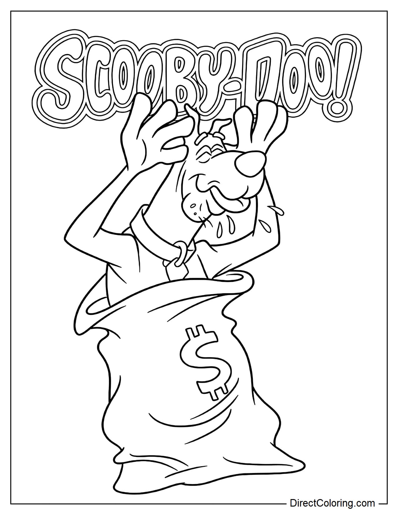 Scooby-Doo is popping out of a large mystery bag with both paws raised and a funny surprised expression, with the text 