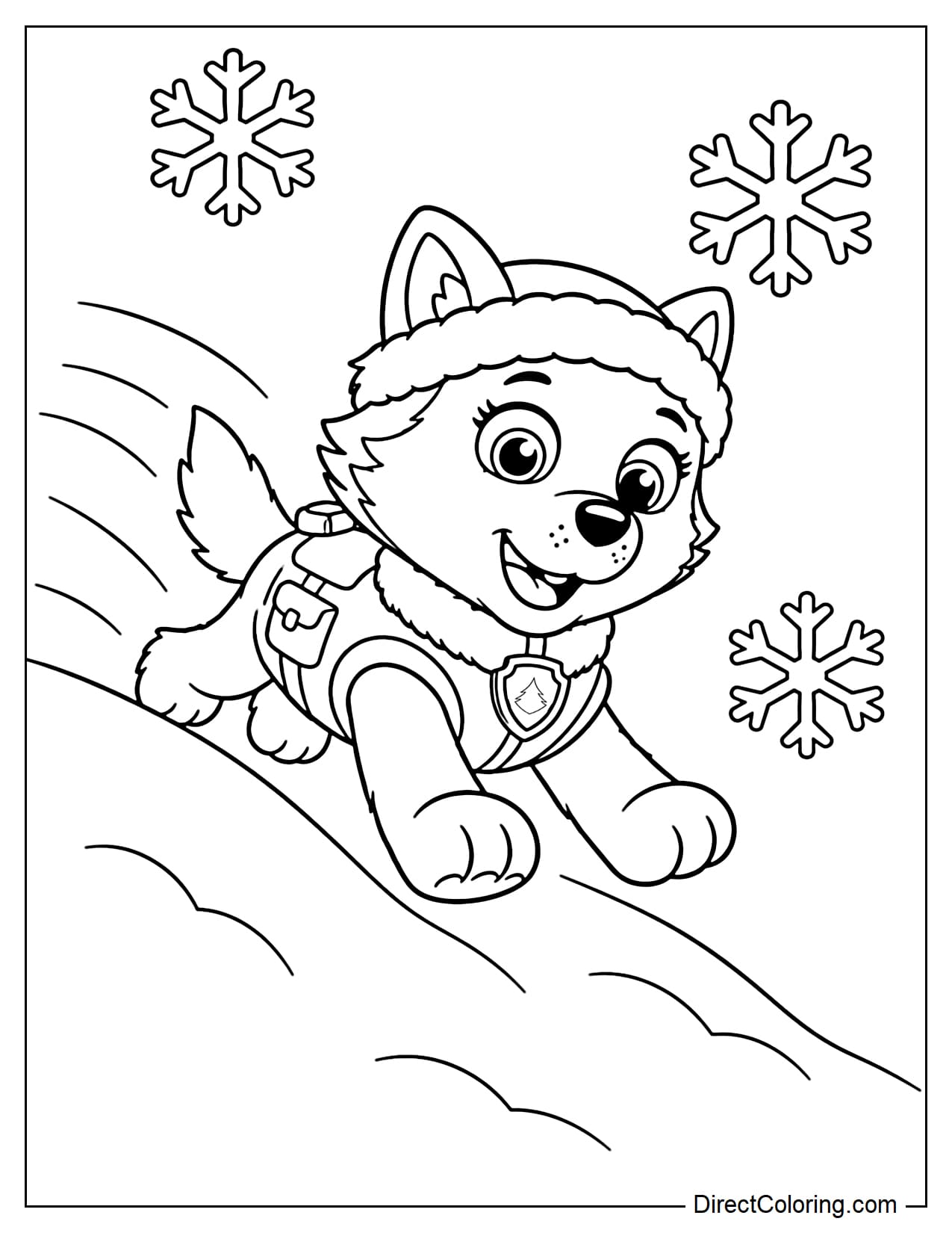 Everest happily slides down a gentle snowy hill, with curved motion lines behind her and a few large snowflakes around.