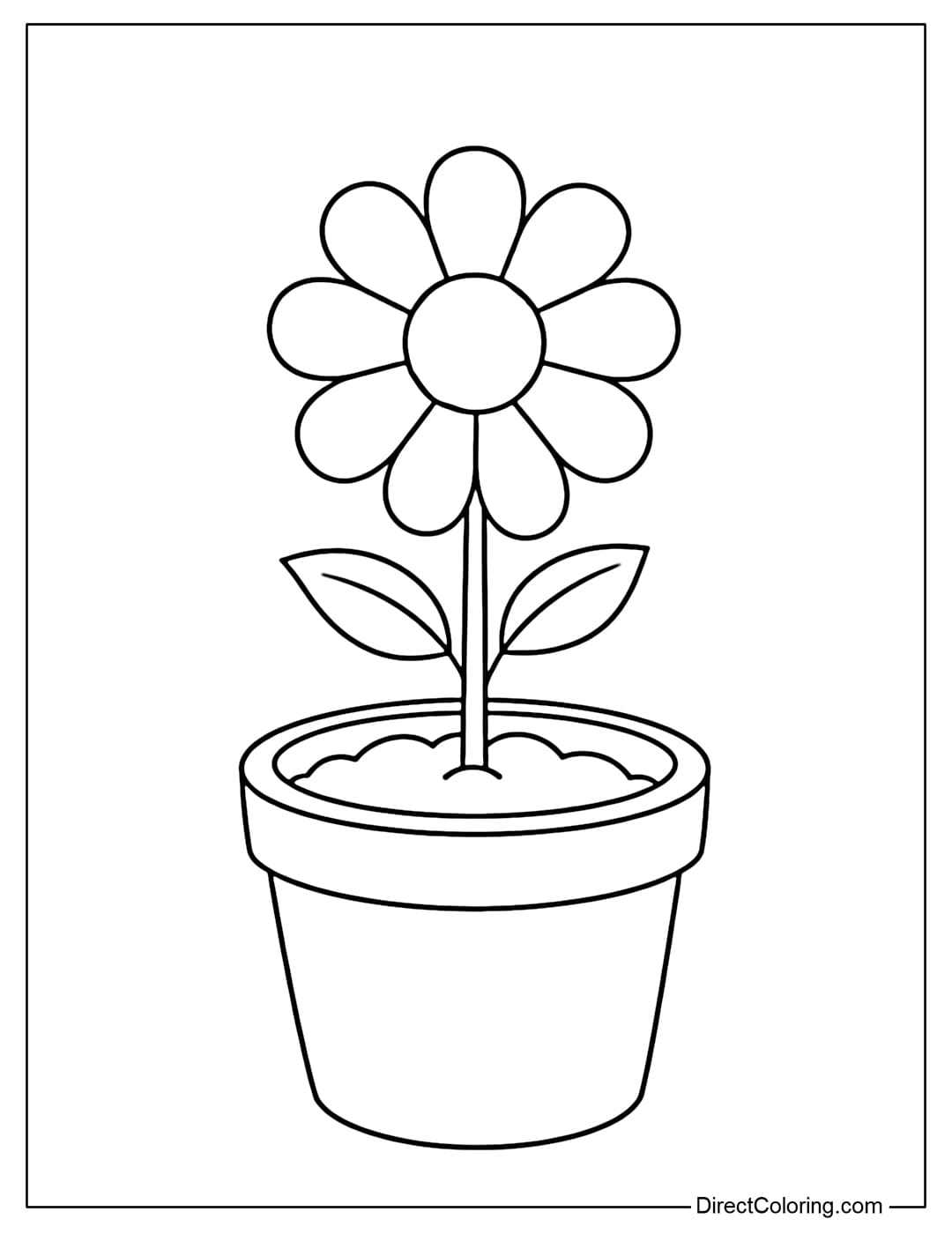 A simple flower coloring page with round petals planted in a round pot.