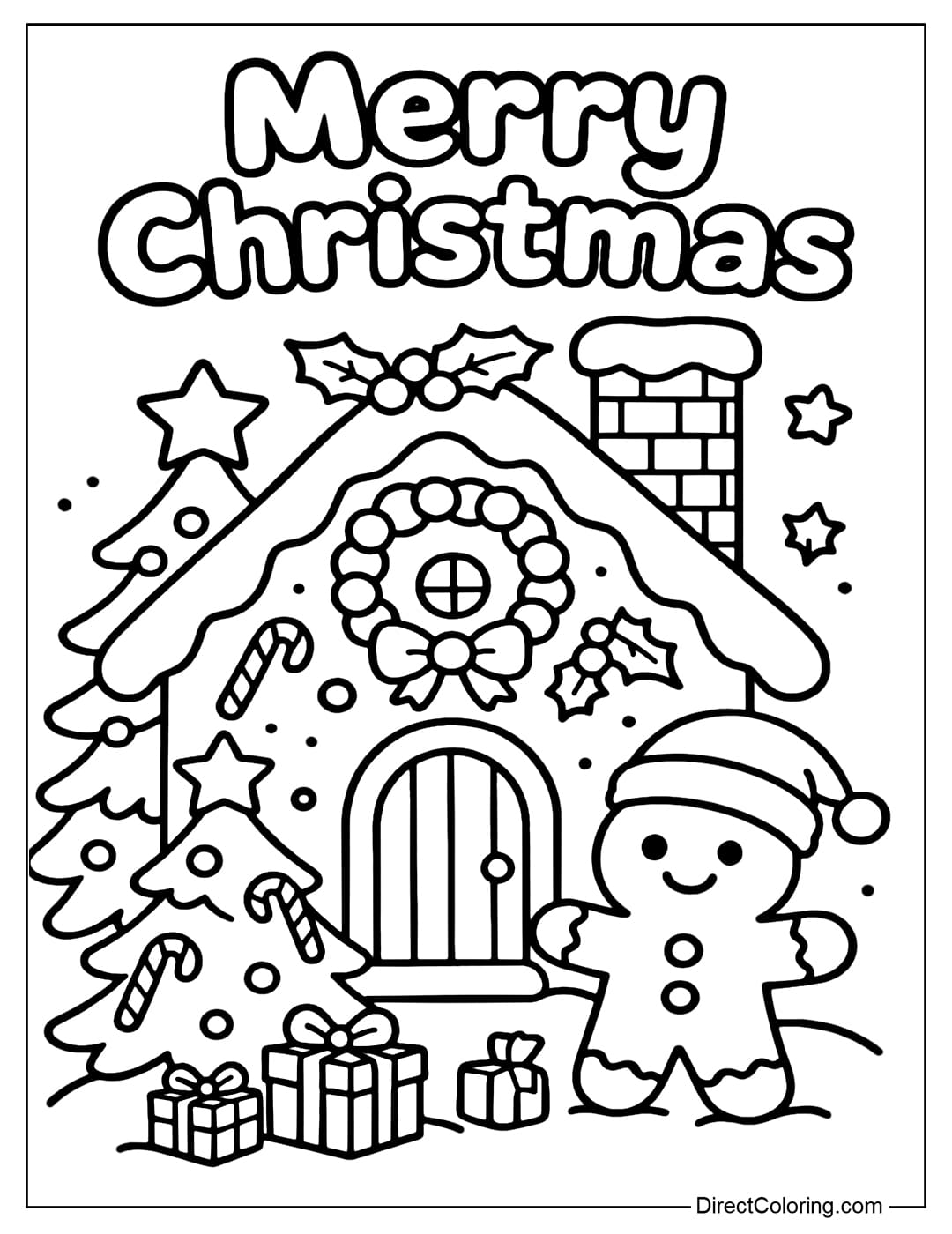 A gingerbread house coloring page with a snow-covered roof and a brick chimney, surrounded by a Christmas tree and a gingerbread man wearing a Santa hat. Above the painting is the text Merry Christmas.