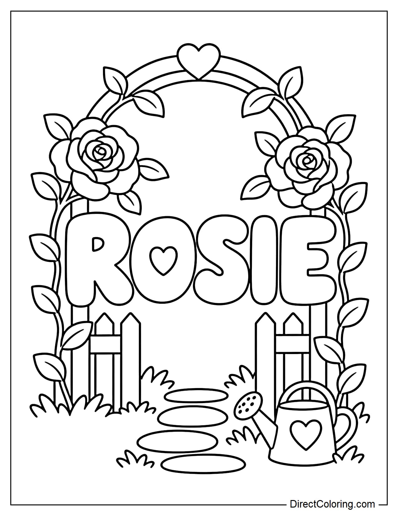The name ROSIE appears in large bubble letters, with a simple garden arch behind it, two large blooming roses on each side, and a small watering can placed below.