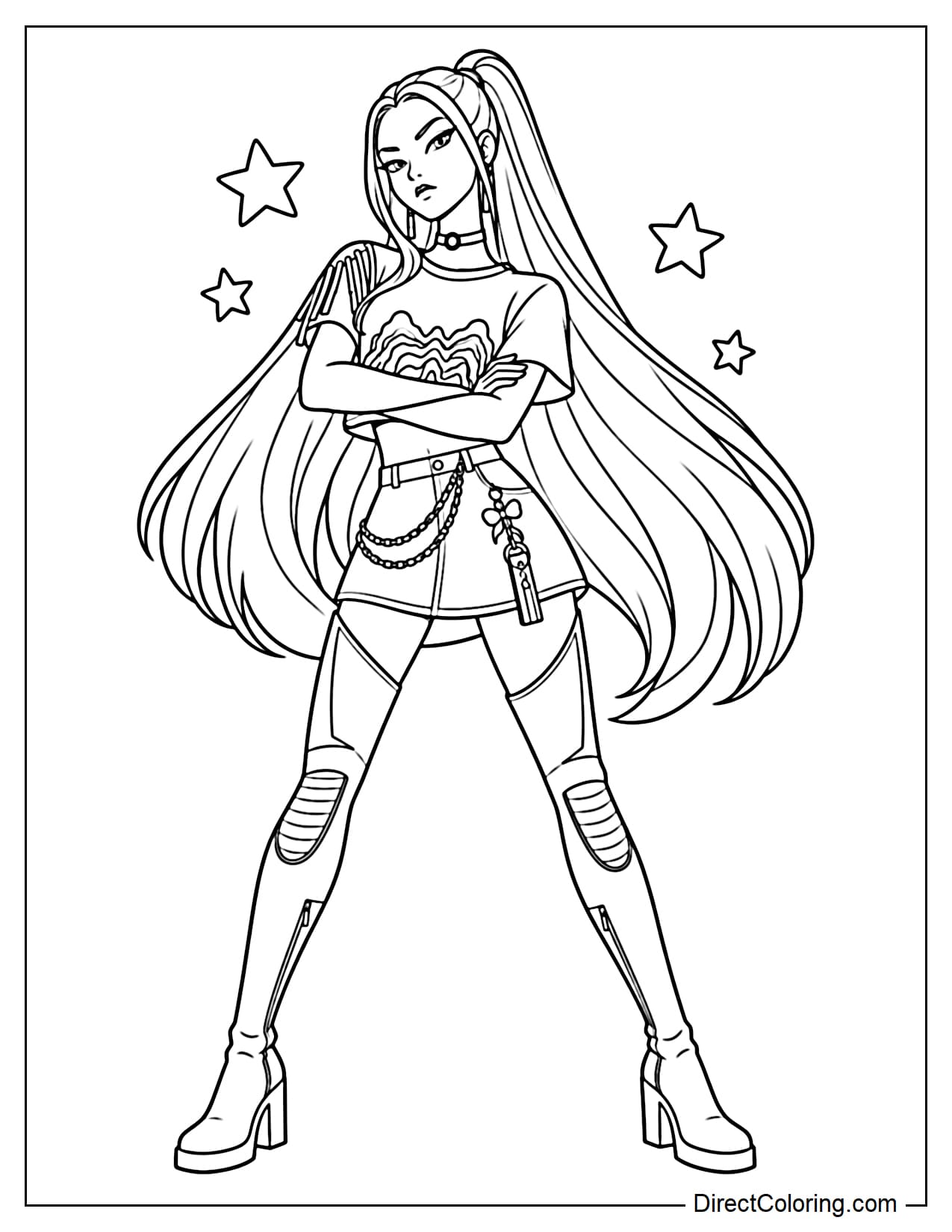 Mira stands with her arms crossed over her chest and a confident expression. Her signature long hair falls naturally on both sides, creating a simple yet powerful pose.