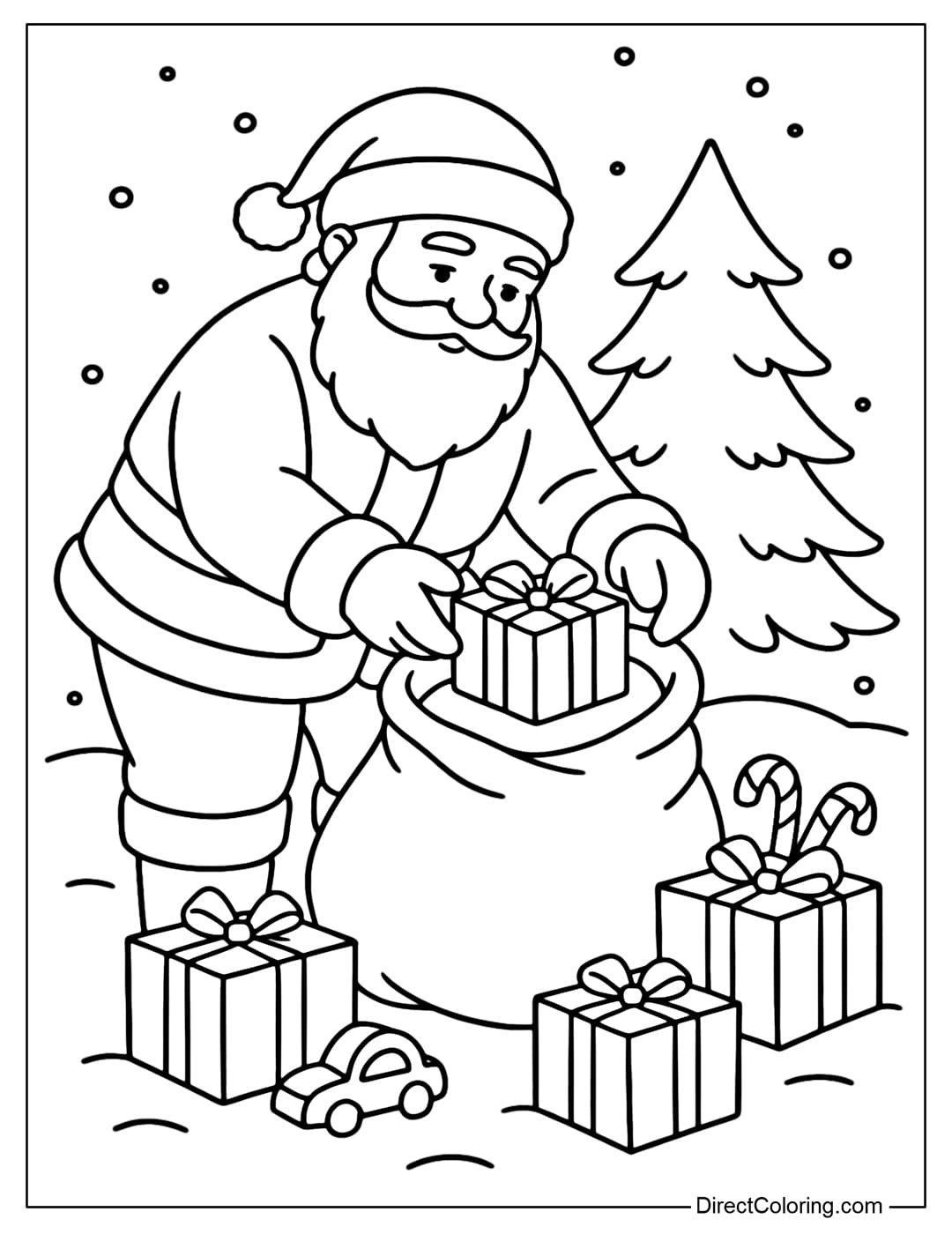 Coloring page of Santa packing gifts into his big bag, gift boxes and candy canes neatly arranged.