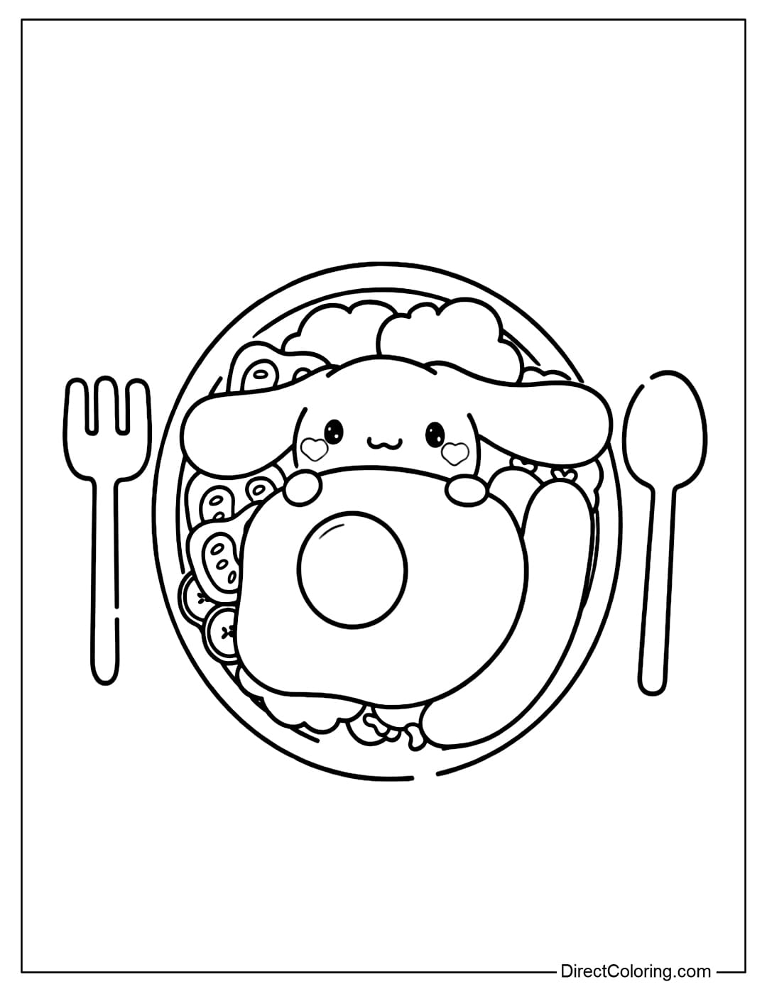 A coloring page showing Cinnamoroll right on a breakfast plate, surrounded by fried eggs, sausage, cauliflower, and tomatoes.