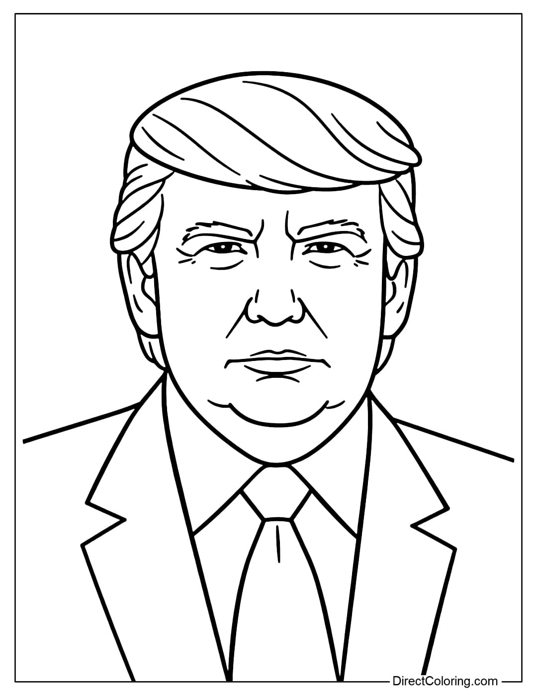 A coloring page of Donald Trump's half-body, wearing a suit and tie.