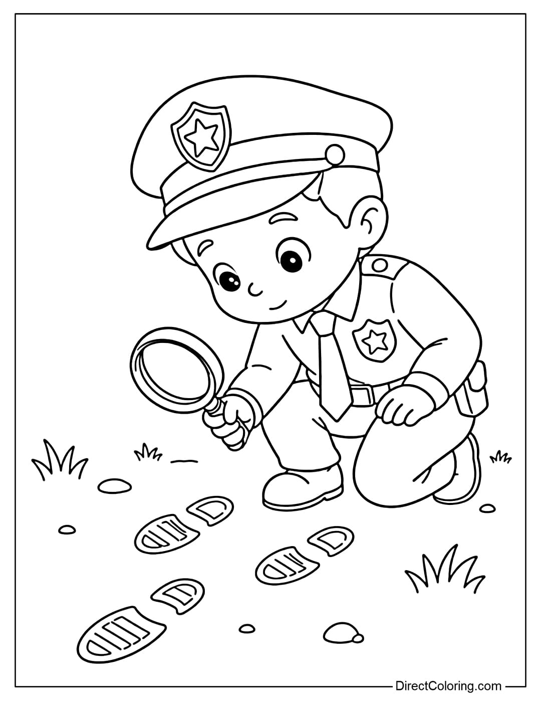 Coloring page of a police officer bending down to examine clues on the ground.