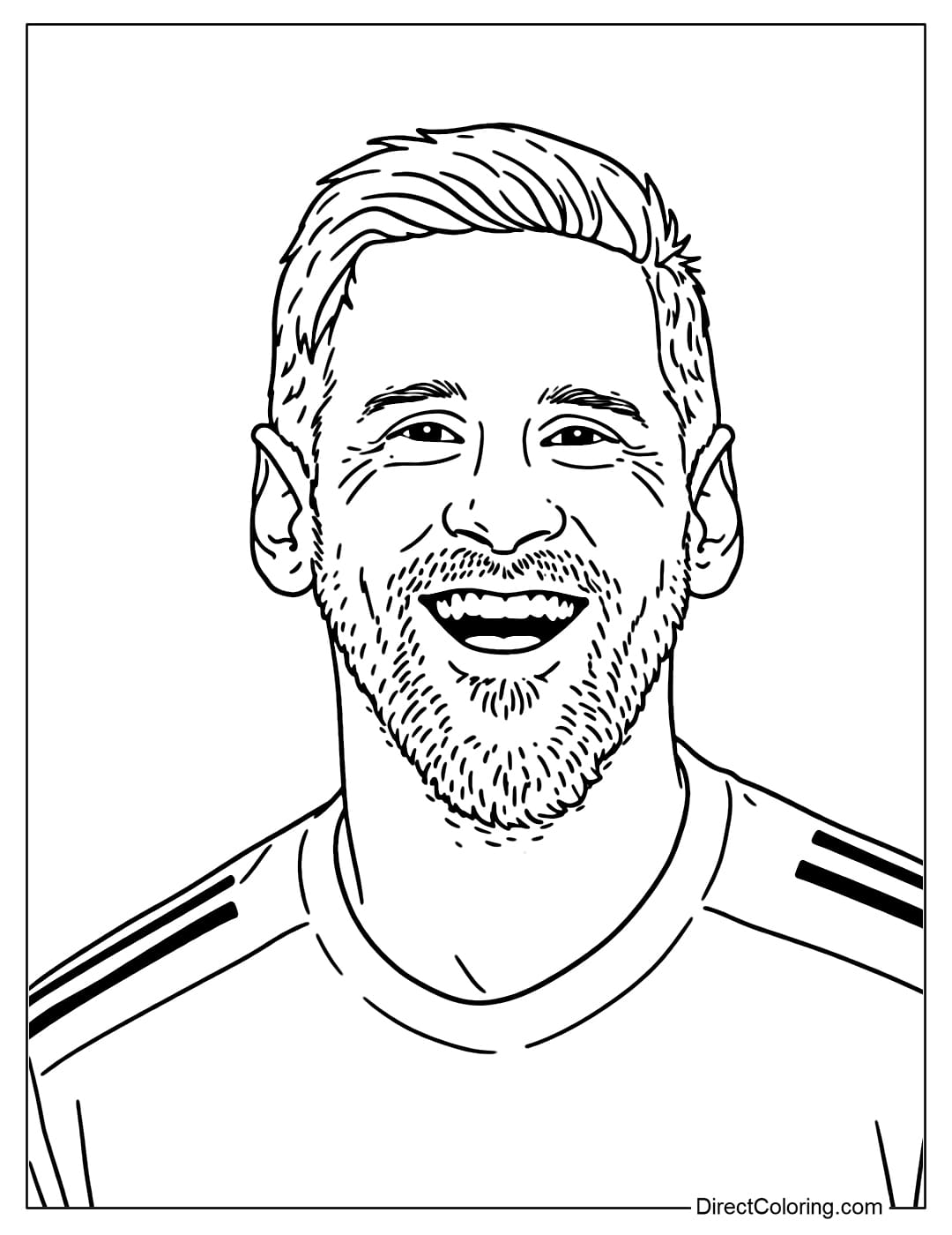 A coloring page of Lionel Messi with a wide smile, a funny and friendly expression.