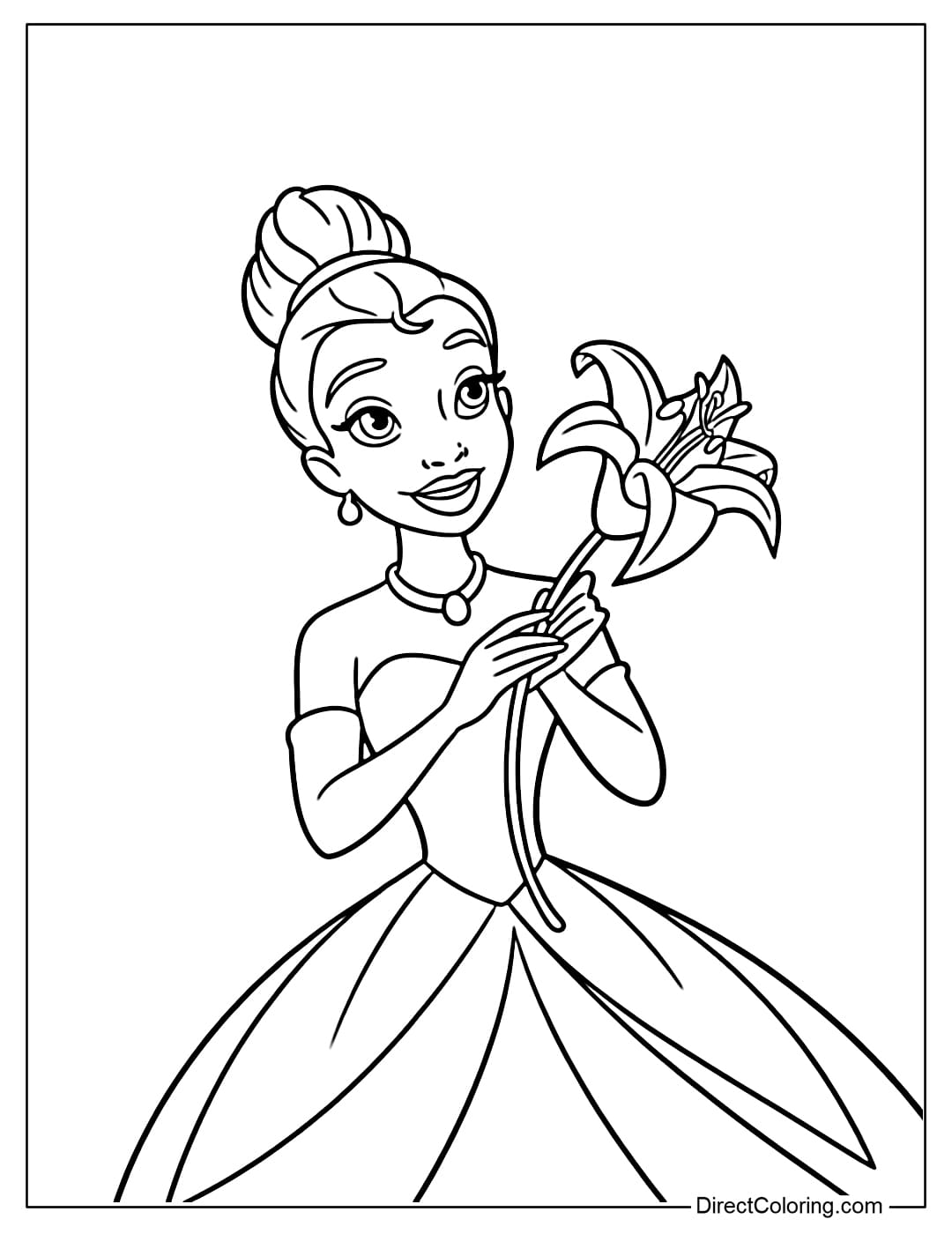 Coloring pages: A coloring page of Princess Tiana holding a large flower.