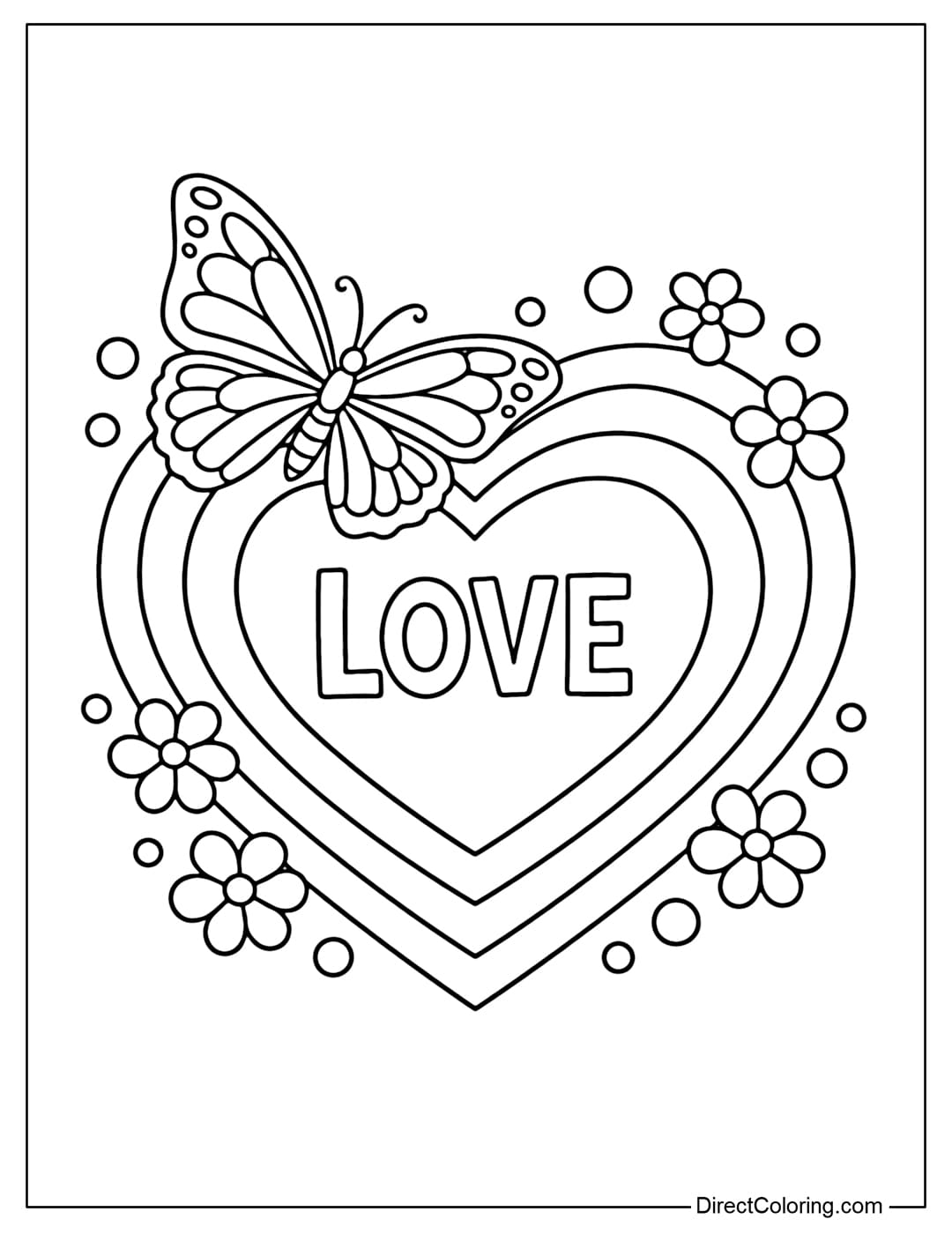 A coloring page for a multi-layered heart with the word LOVE inside, a large butterfly perched on the heart's border, and small flowers surrounding it.