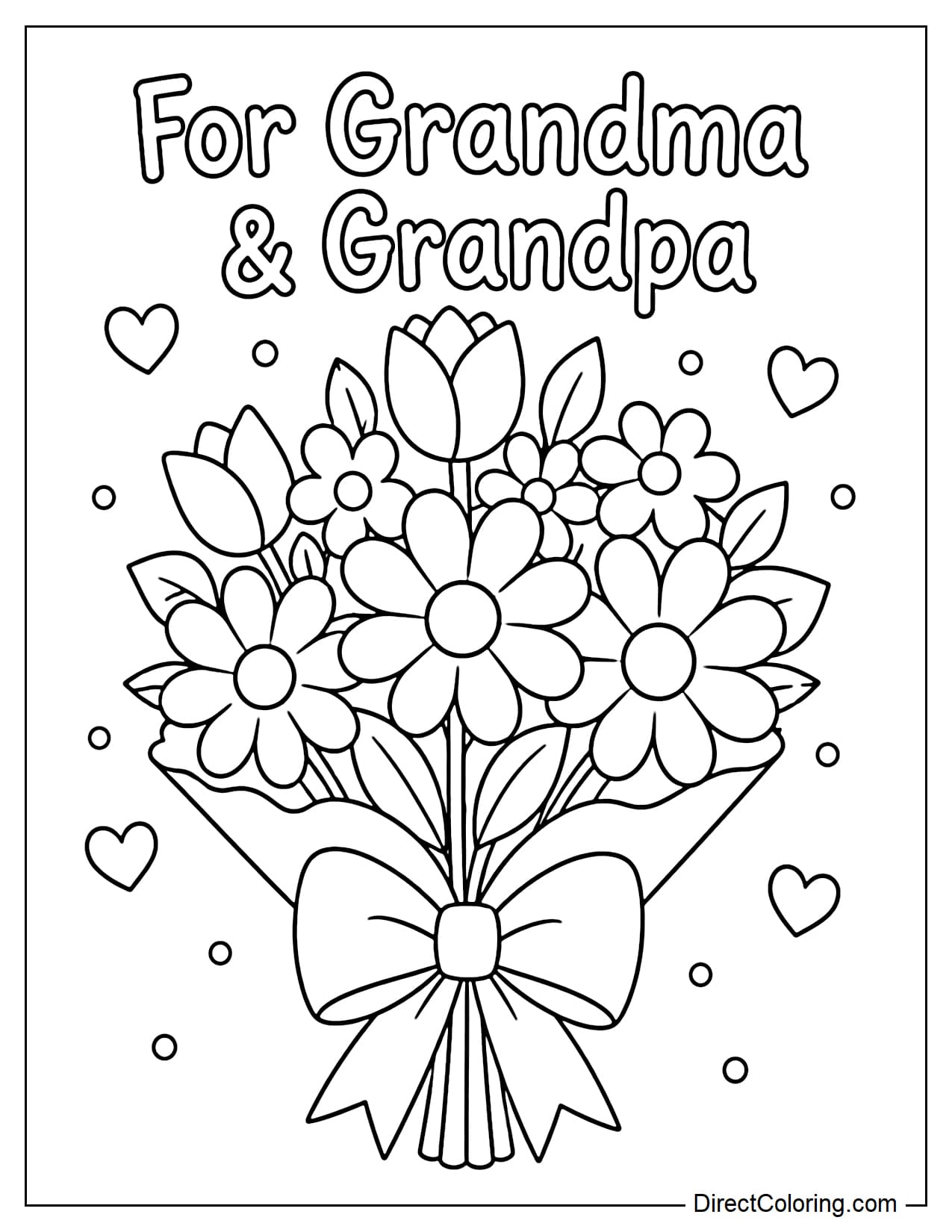 A greeting card featuring a large bouquet tied with a bow in the center, with the words 