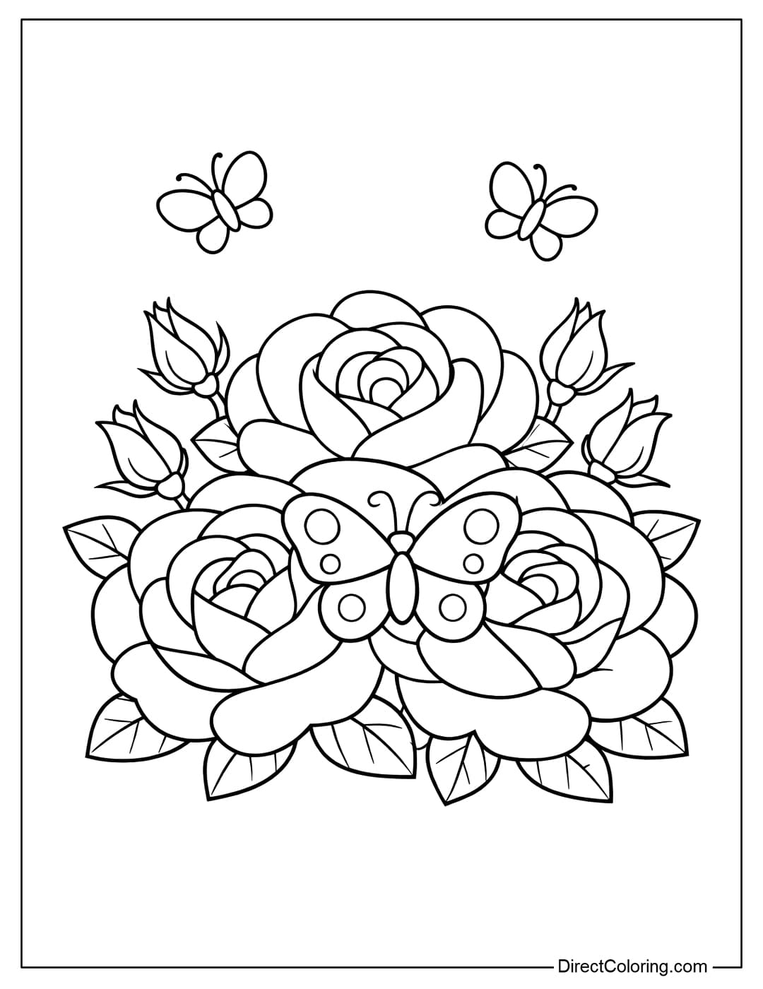 Coloring page featuring a cluster of three large, blooming roses, with a cute butterfly perched on a rose petal, and two smaller butterflies flying above.
