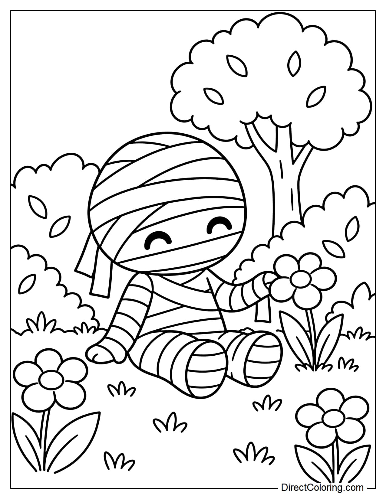 A cute little mummy is relaxing in a garden filled with blooming flowers and large leafy plants, gently touching a flower with one hand.